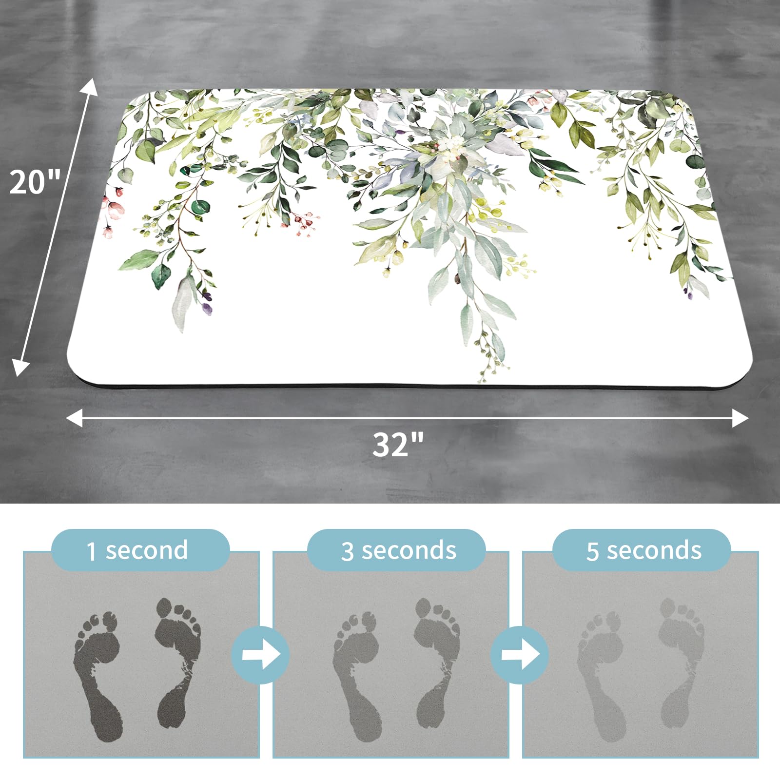 Gibelle Eucalyptus Leaves Bath Mat Rug Set 2 Piece, Super Absorbent Quick Dry Bathroom Rug Set, Non Slip Rubber Backed Bathroom