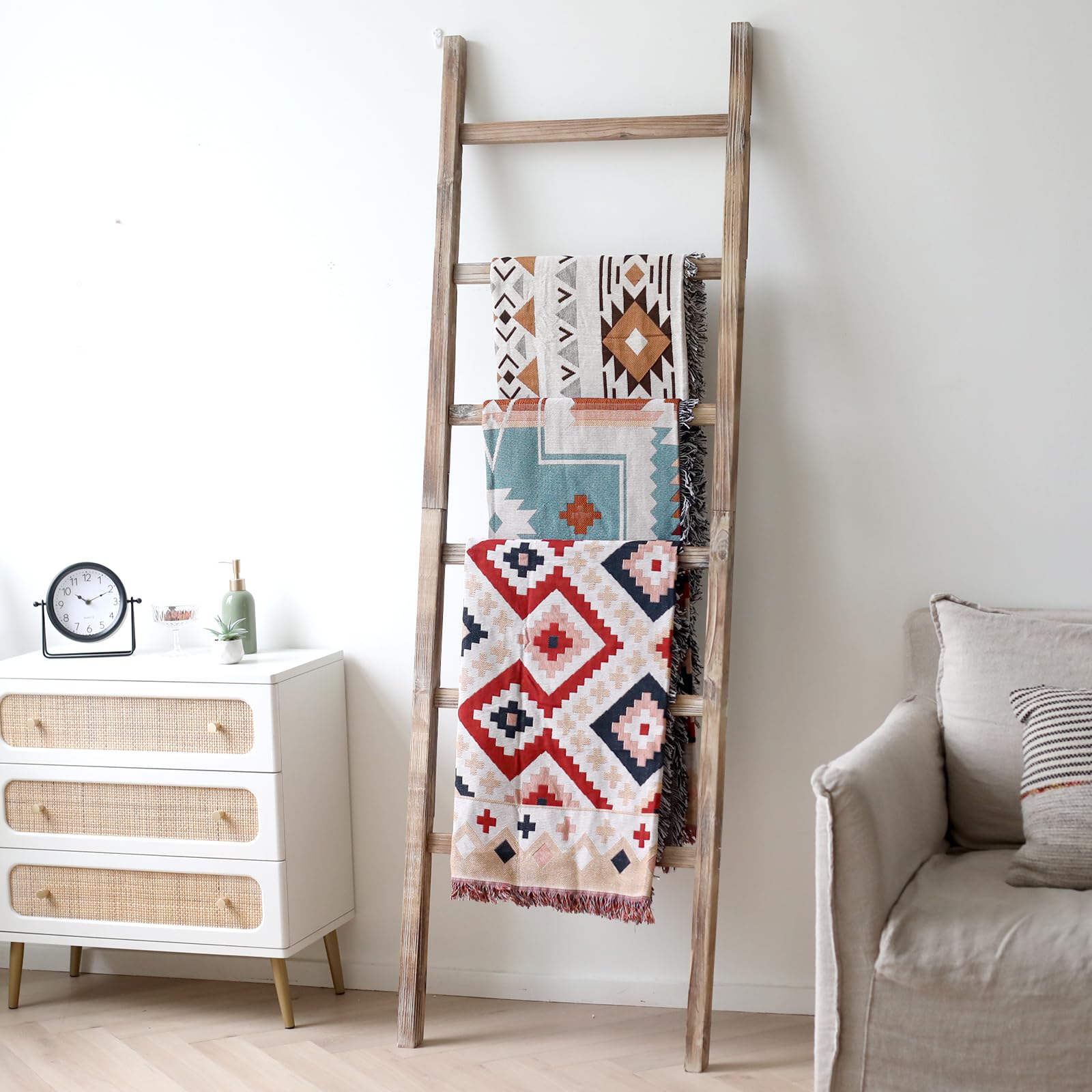 Fuin 6.4Ft Extra Wide Wooden Blanket Ladder Living Room Decorative Wal Leaning Farmhouse Quilt Display Holder Rustic Wood Towel