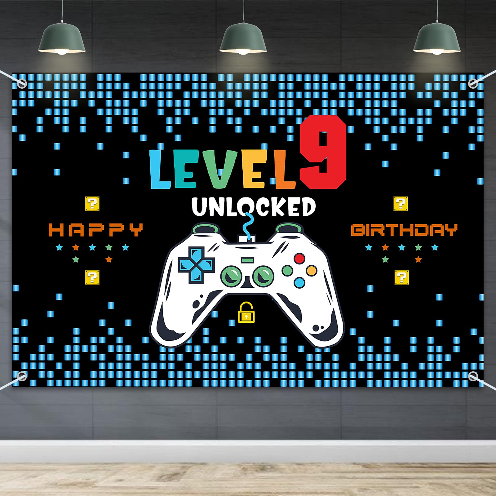 Hamigar 6X4Ft Happy 9Th Birthday Baner Backdrop - Level 9 Unlocked Birthday Decorations Party Supplies For Boys - Blue