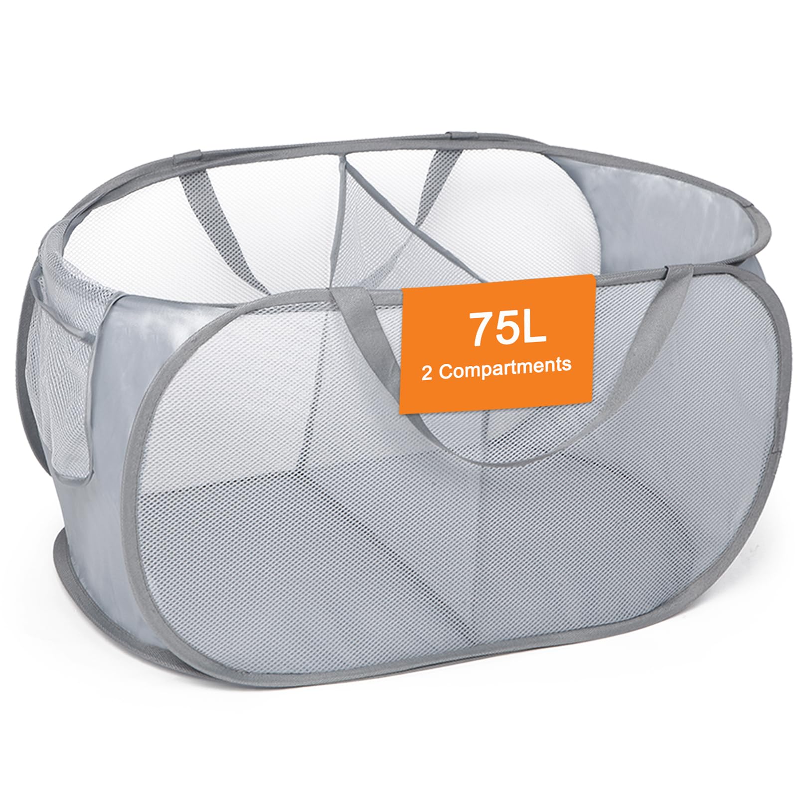 Sturdy Collapsible Laundry Baskets, Foldable Pop Up Laundry Hamper, Durable 2 Compartments Laundry Basket, Handy Pocket & Easy T