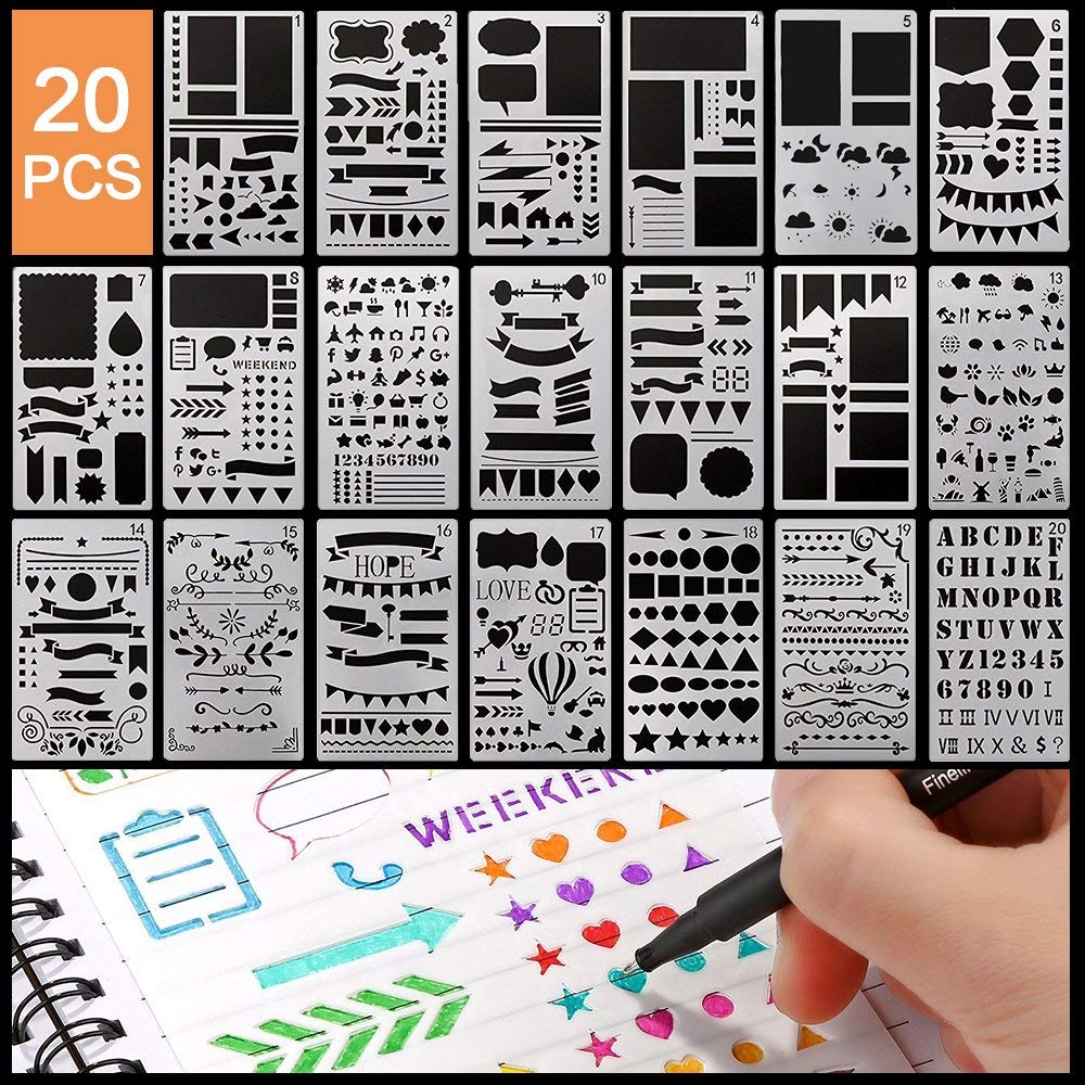 Hasthip 20 Pcs Journal Stencil Plastic Planner Set For Journal, Notebook, Diary, Scrapbook, Diy Drawing Template, Journal Stenci