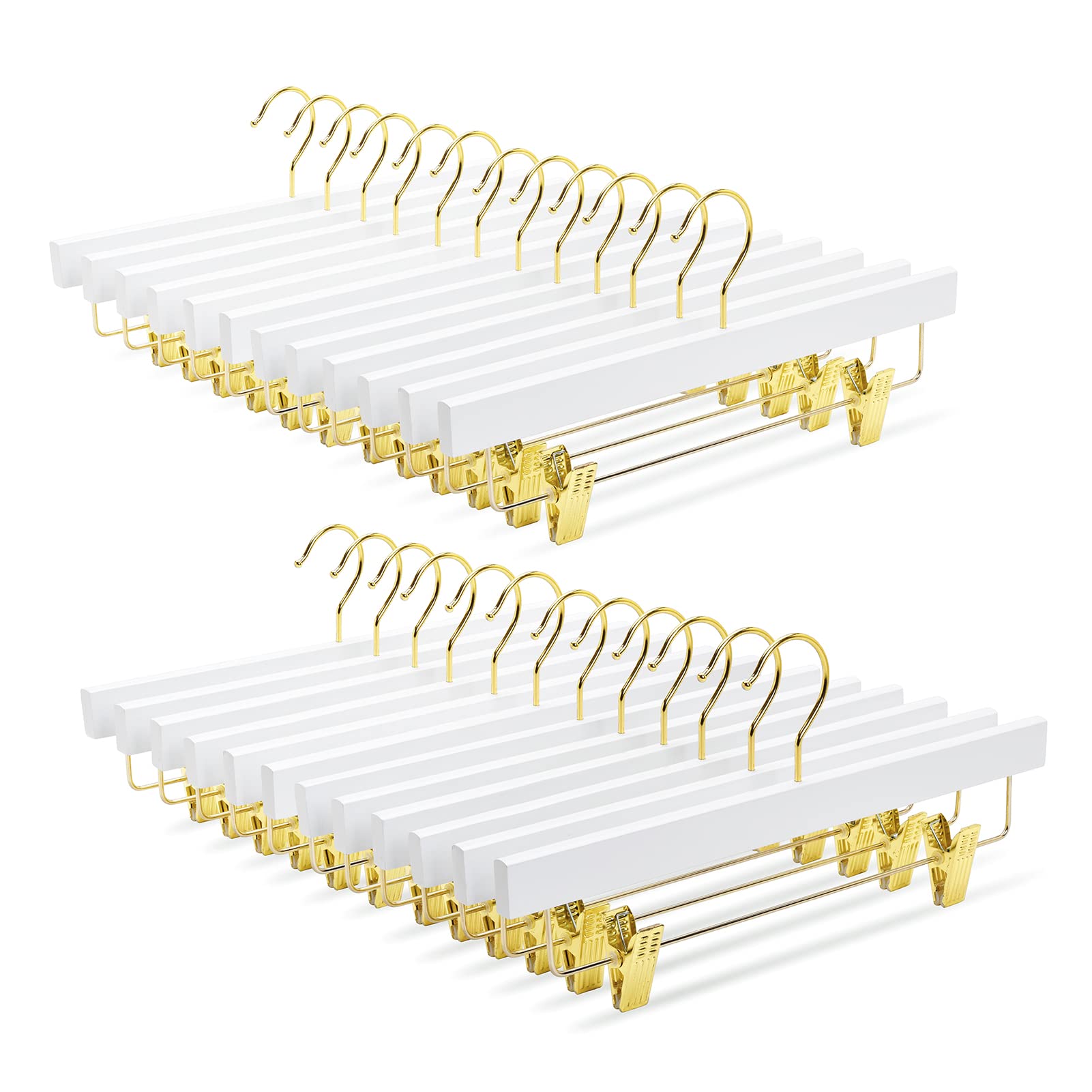 Amber Home White Wooden Pants Skirts Hangers 24 Pack, Solid Wood Trousers Bottom Hanger With 2-Adjustable Gold Clips, Clips Hang