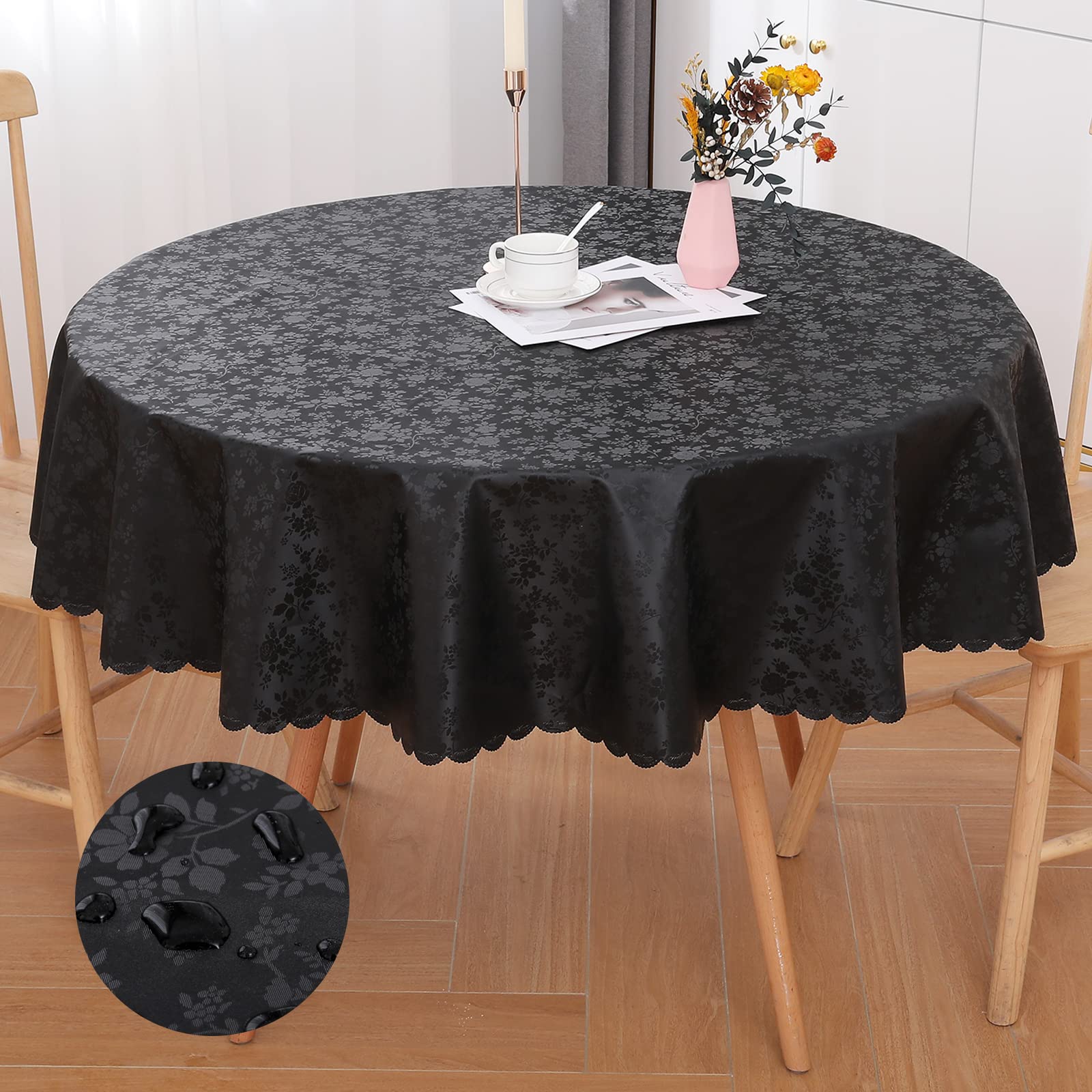 Smiry Round Table Cloth, Waterproof Heavy Duty Vinyl Tablecloths, Wipeable Washable Table Cover For Kitchen And Dining Room (Bla