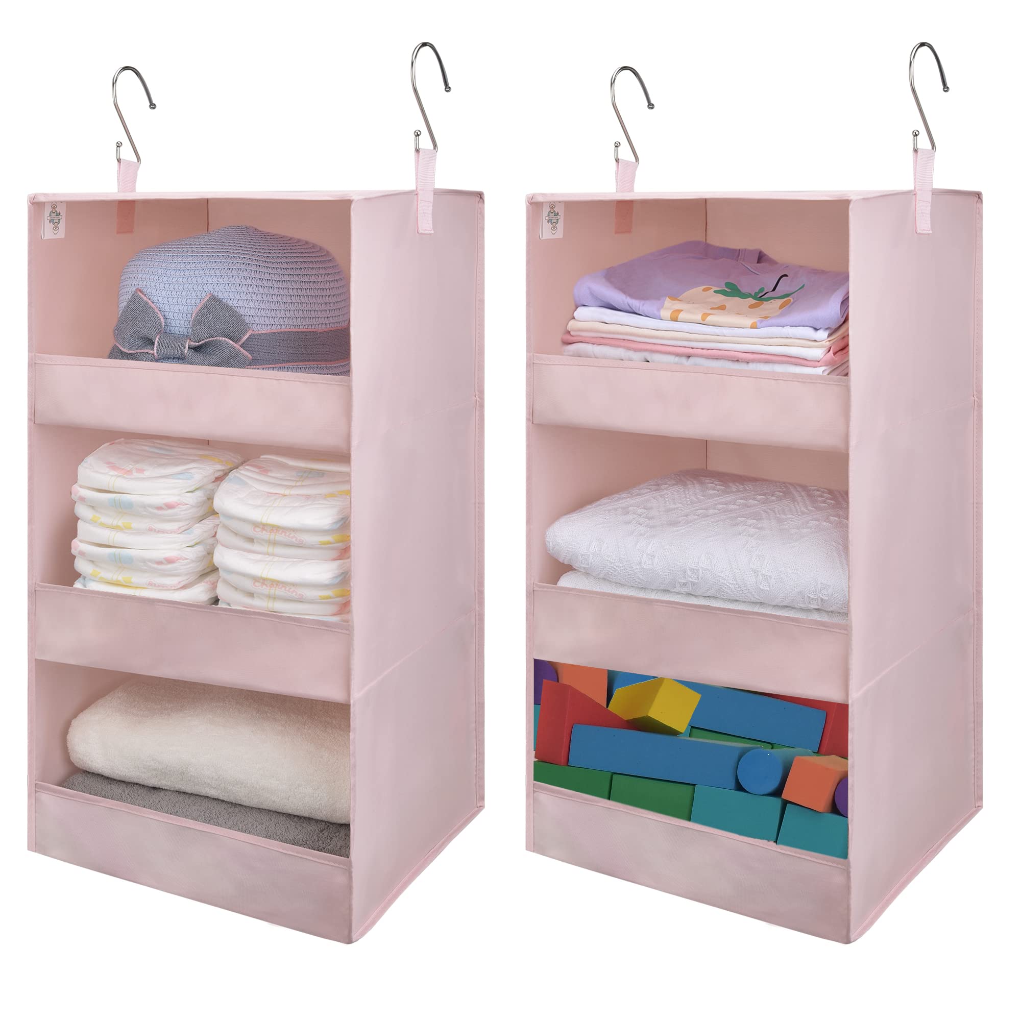 Granny Says Closet Hanging Organizers, Collapsible Hanging Closet Shelves, 3-Shelf Hanging Organizers For Locker, Pink, 2-Pack