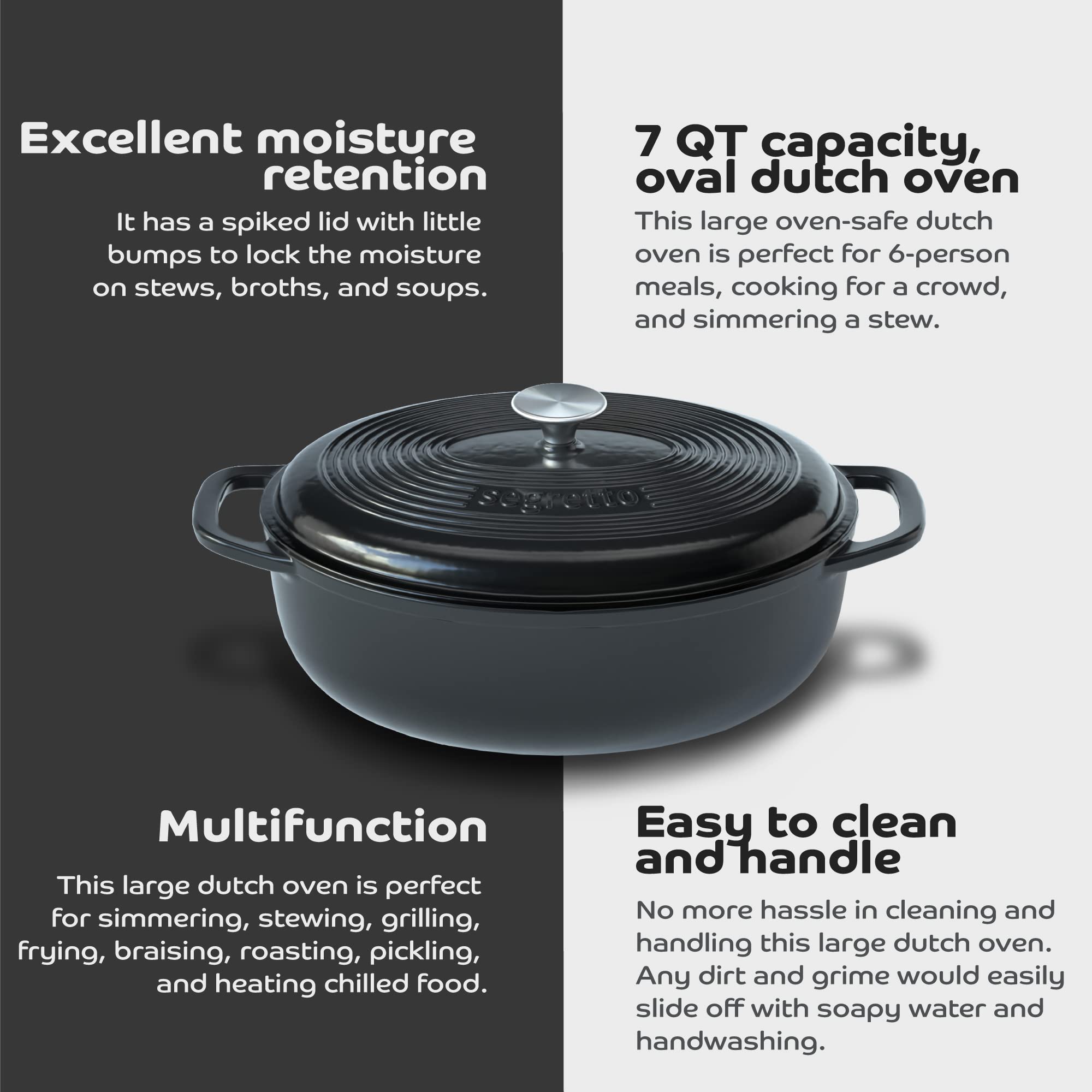 Segretto Cookware Enameled Oval Cast Iron Dutch Oven With Handle, 7 Quarts, Nero (Black), 7Qt Dutch Oven Cast Iron Pot With Lid