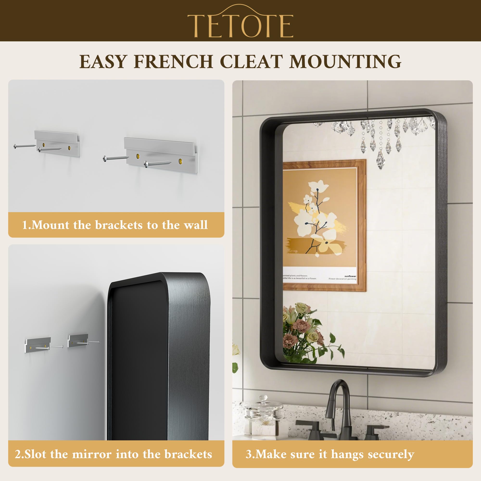 TETOTE 48x30 Inch Bathroom Mirror  Matte Black Modern Metal Frame Rectangle Wall Mounted Vanity Mirror (Horizontal/Vertical)