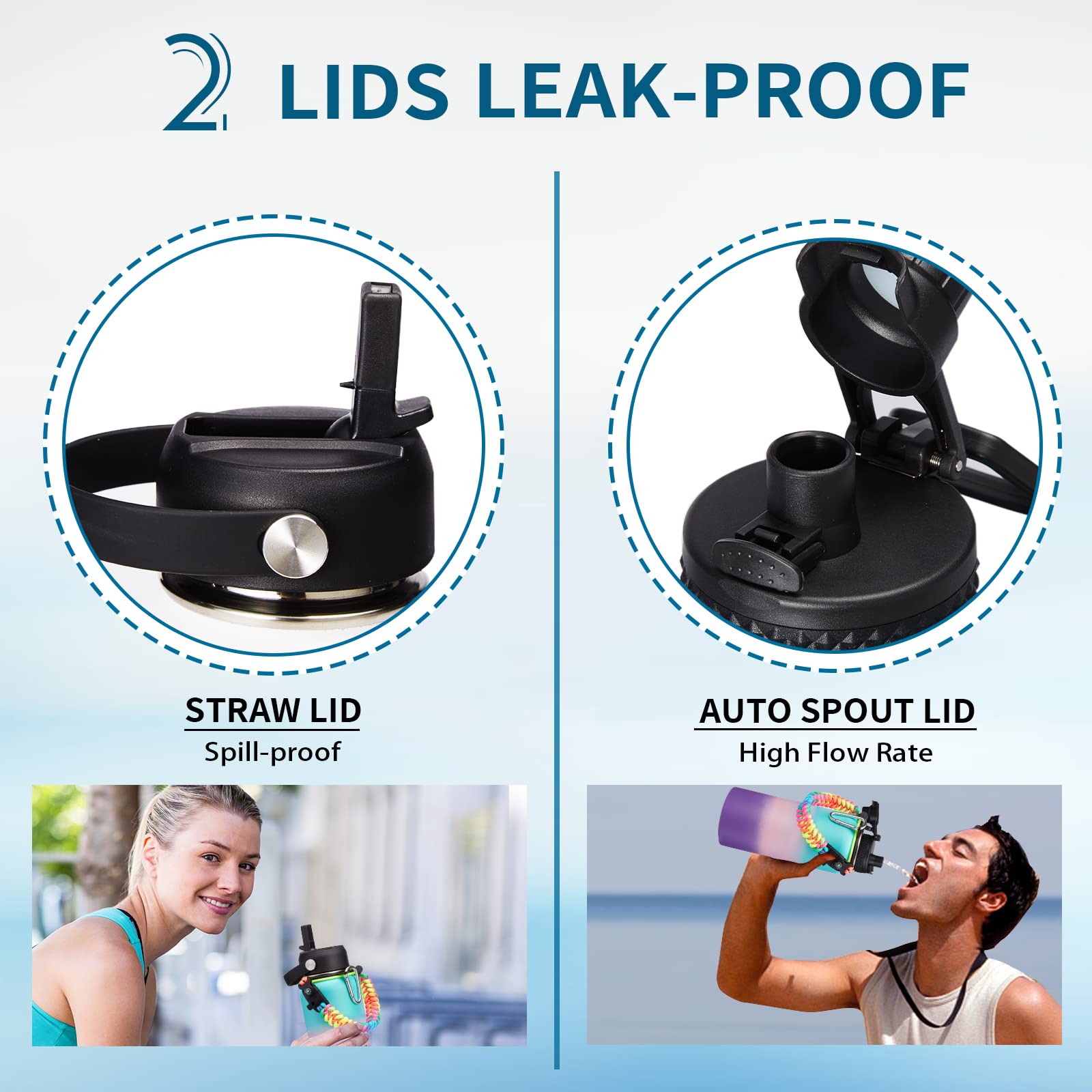 32 40/64/128 oz Flask Water Bottles Insulated - with Straw Auto Spout Lid  Water Bottle Stainless Steel Keep Cold 48H Hot 24H  Metal Water Bottle with Strap  Paracord Handle  Protective Boot