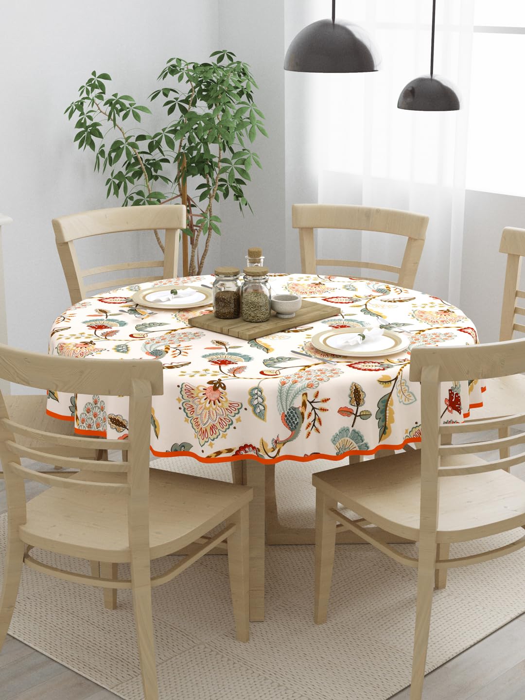 Clasiko 100% Cotton 6 Seater Round Table Cover; 72x72 Inches; Multicolor Peacock