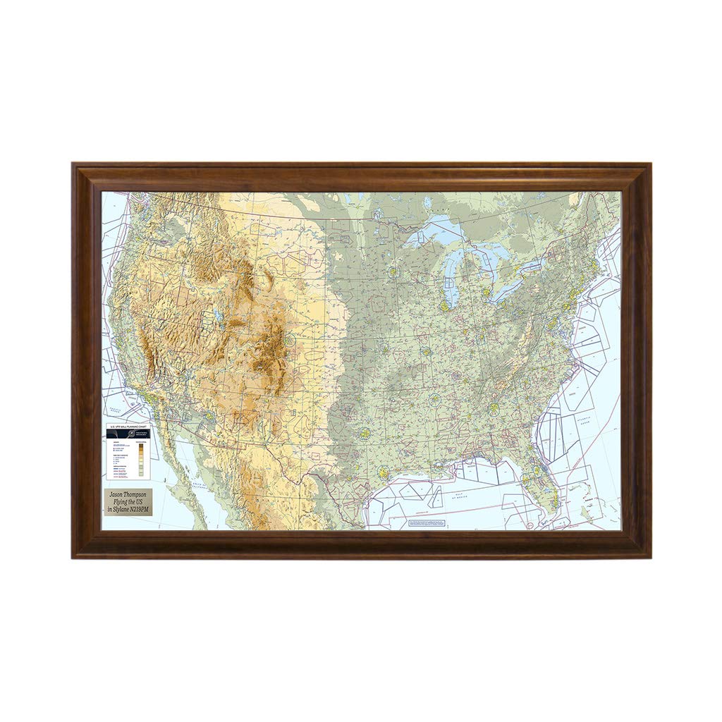 Personalized Usa Vfr Pinnable Pilot'S Map - Brown Frame - 27.5 Inches X 39.5. Inches - Aviator'S Map - Chart Your Flights!