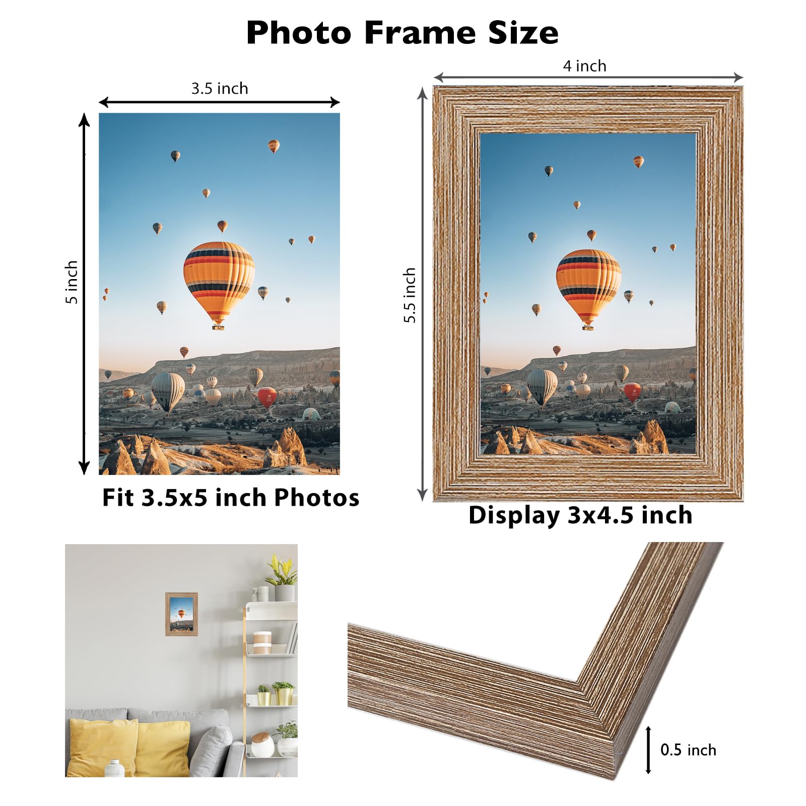 JCJMY 3.5x5 Picture Frame Rustic Brown for Wall or Tabletop, 3.5 x 5 Wall Gallery Poster Photo Frame with Shatter Resistant Plex