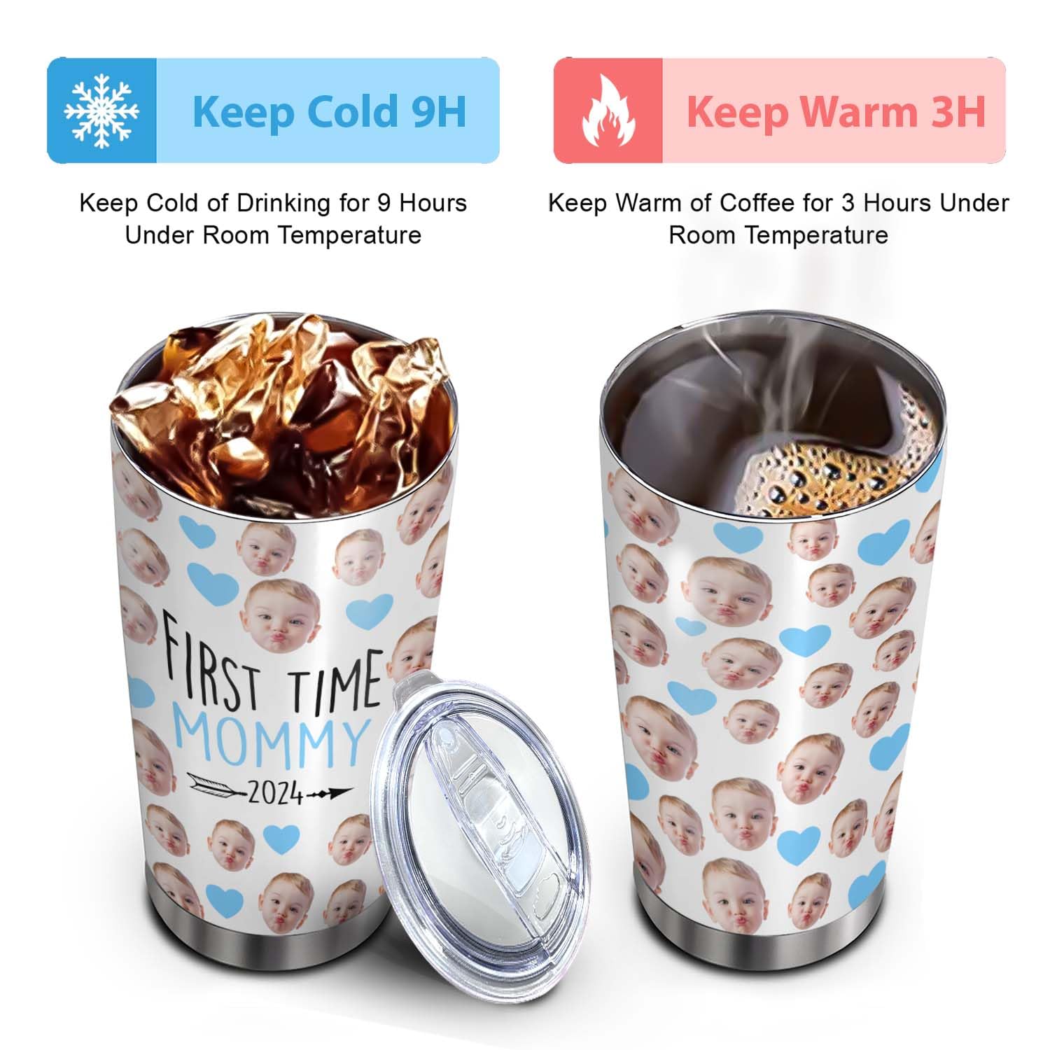 Personalized First Mothers Day Gifts For Mom, New Mom - New Mom Gifts Custom Face Baby, Daughter, Son - Insulated Stainless Stee