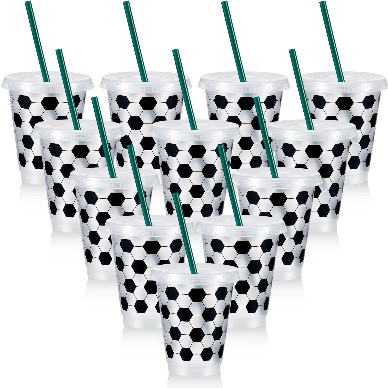 Uiifan 12 Pcs 16 oz Plastic Soccer Mug Bulk Reusable Tumbler with Lid and Straw Gifts for Coach Fan Men Women Soccer Team Sports