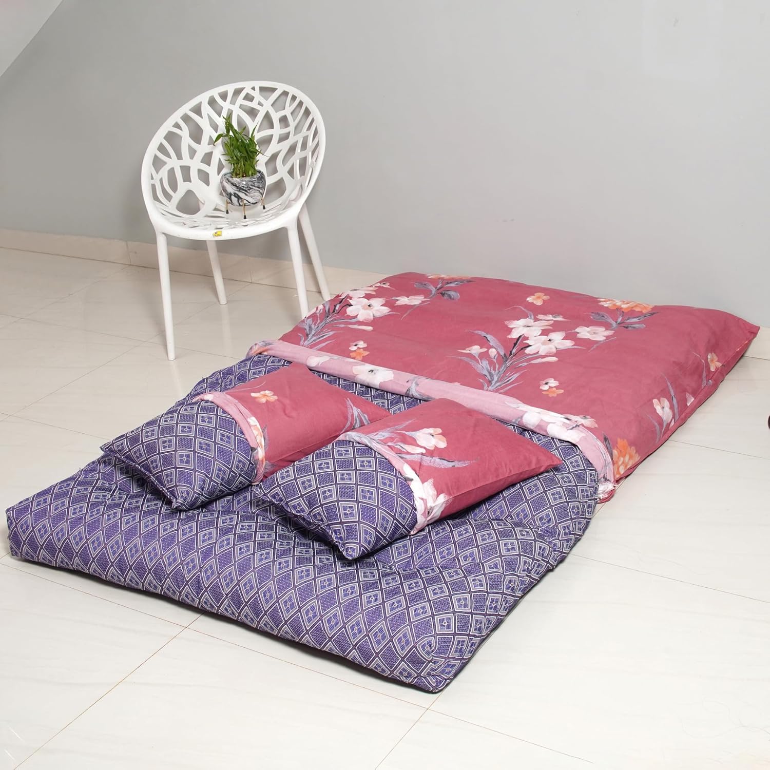 NEXTGO Set of 4 Soft Cotton Mattress Queen Size 5x6 Feet | Foldable Floor Mattress Set 2 Filled Pillow, 1 Mattres with 2 Pillow 