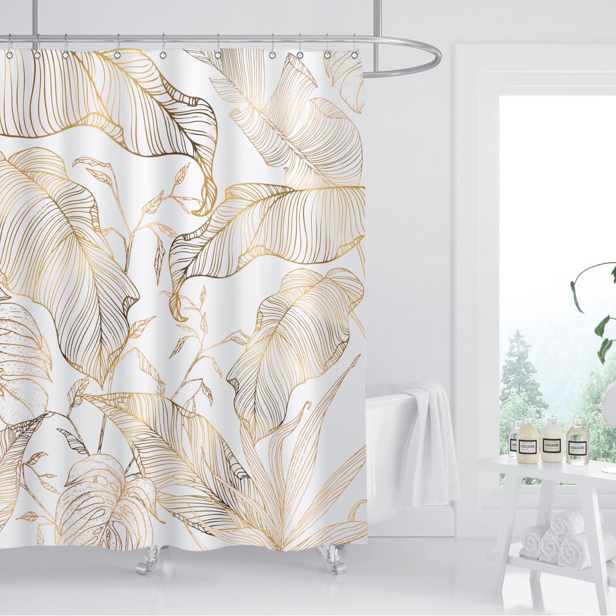 Zxmbf White Gold Tropical Palm Leaves Shower Curtain Abstract Banana Leaf Copper Chic Modern Botanical Plant Nature Aesthetic Ba