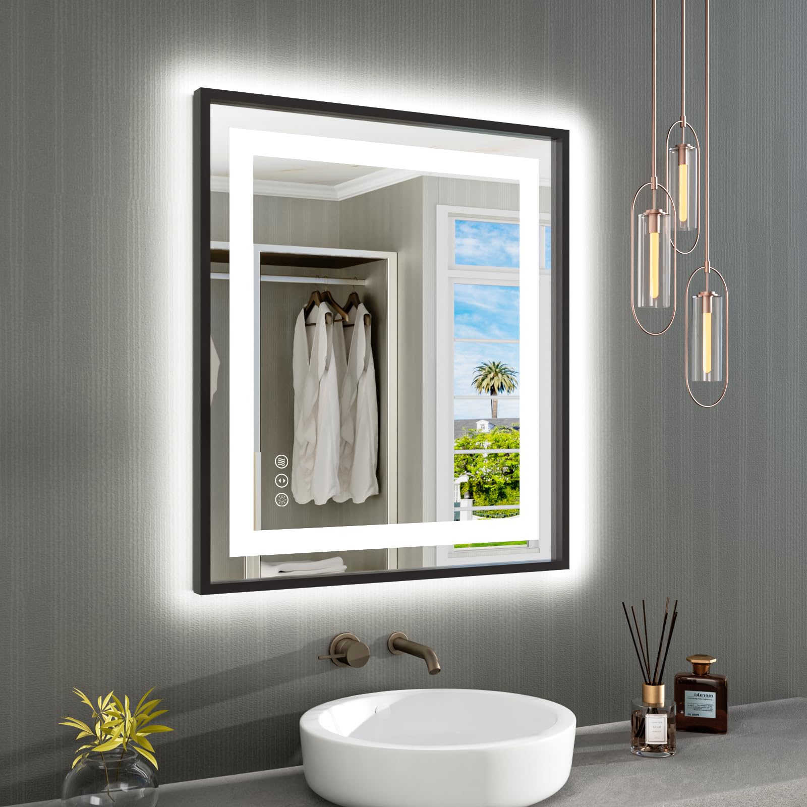 Amorho 28''X 32'' Led Bathroom Mirror With Black Frame, Front Light And Backlit, Stepless Dimmable, Anti-Fog, Shatter-Proof, Mem