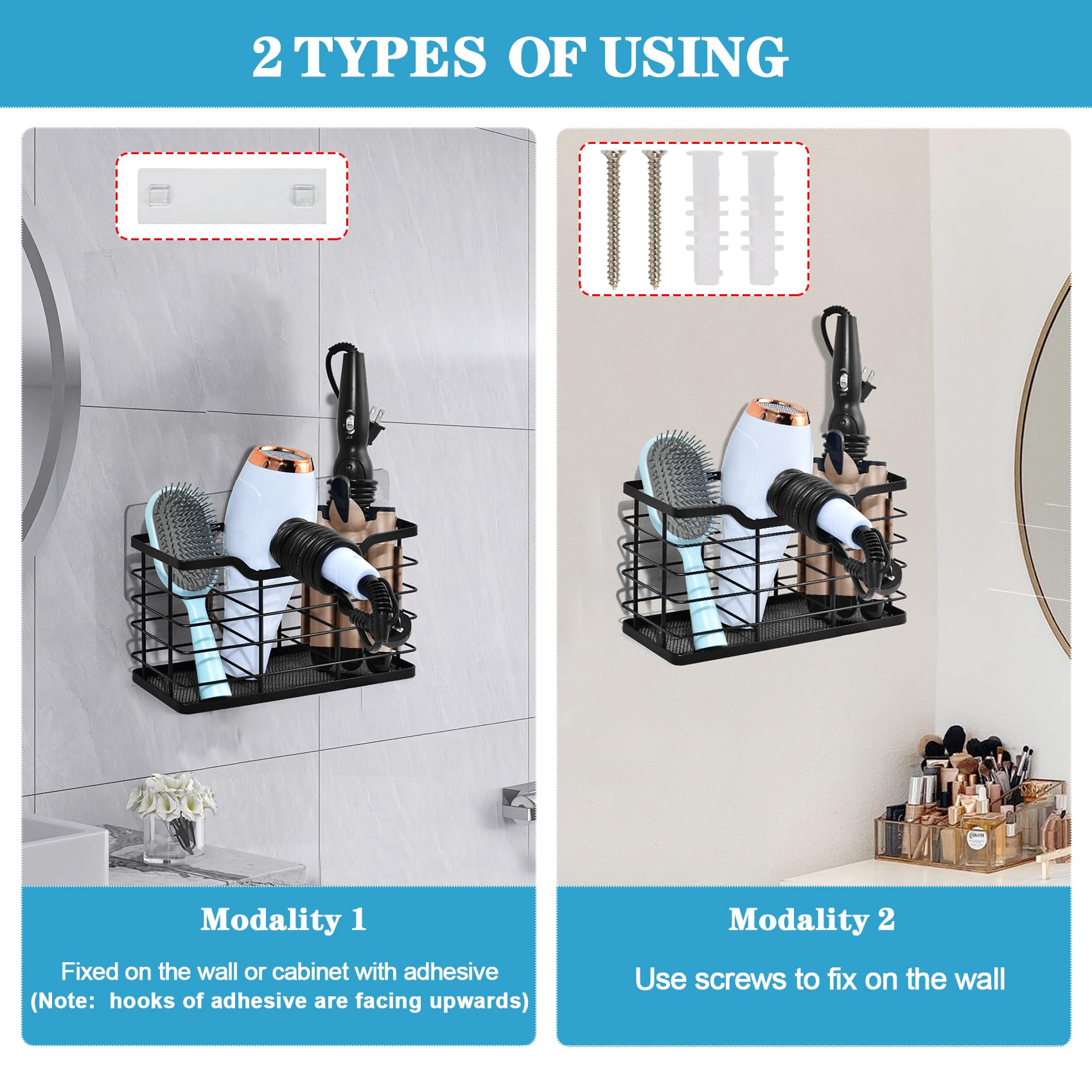Happyhapi Hair Dryer Holder Hair Tool Organizer, Antirust Wall Mount Bathroom Hair Care Styling Tool Storage Basket For Hair Dry