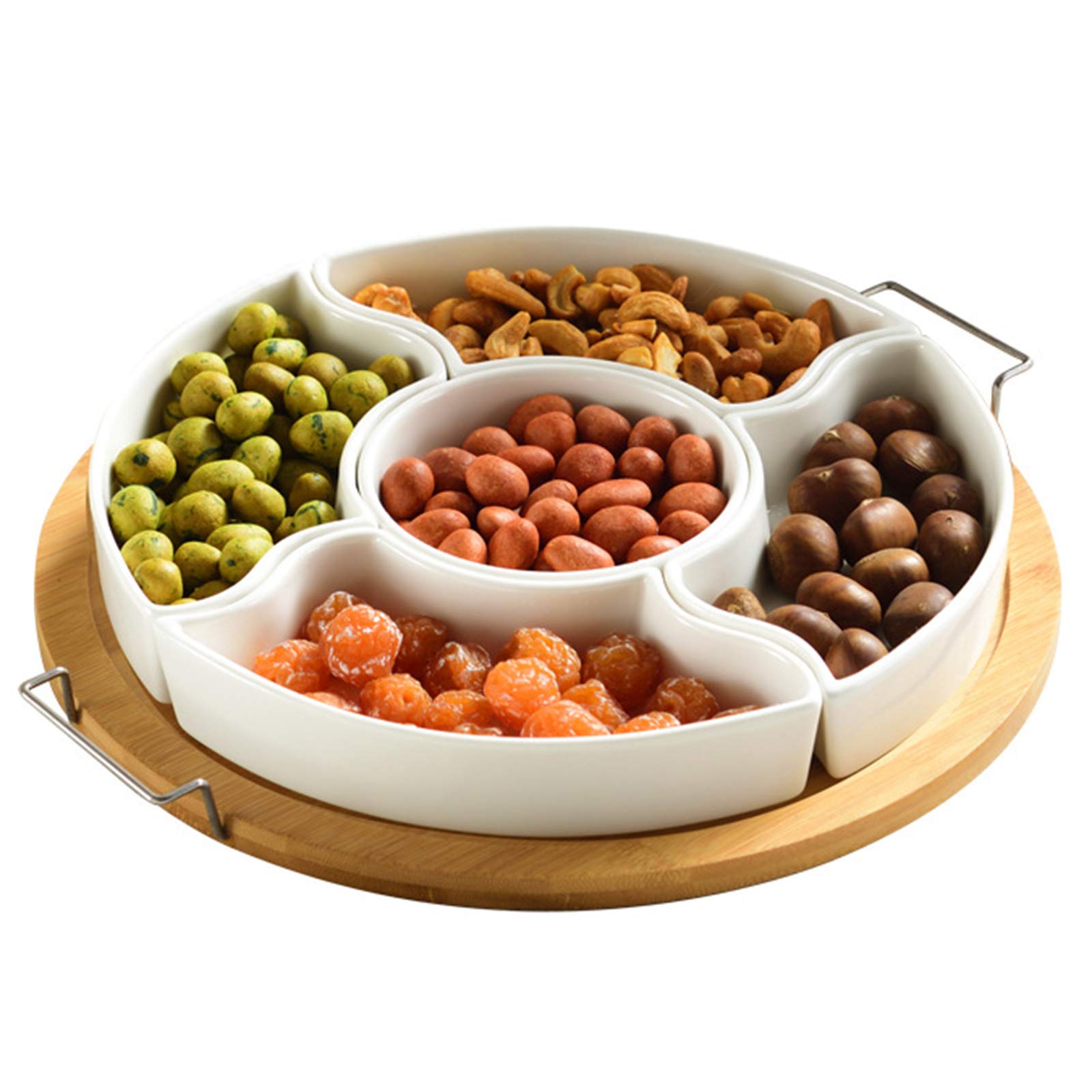 Yarlung 11 Inch Ceramic Divided Serving Dishes With Bamboo Platter, Appetizer Tray 5 Removable Snacks Bowls For Candy And Nut, C