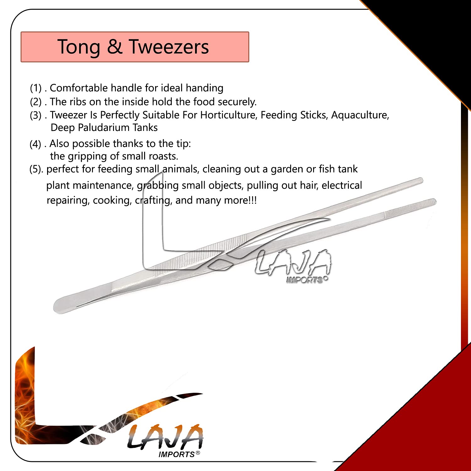 Laja Imports Stainless Steel Extra-Long 18 Inch Tongs Tweezers With Precision Serrated Tips For Garden, Kitchen, Indoor & Outdoo