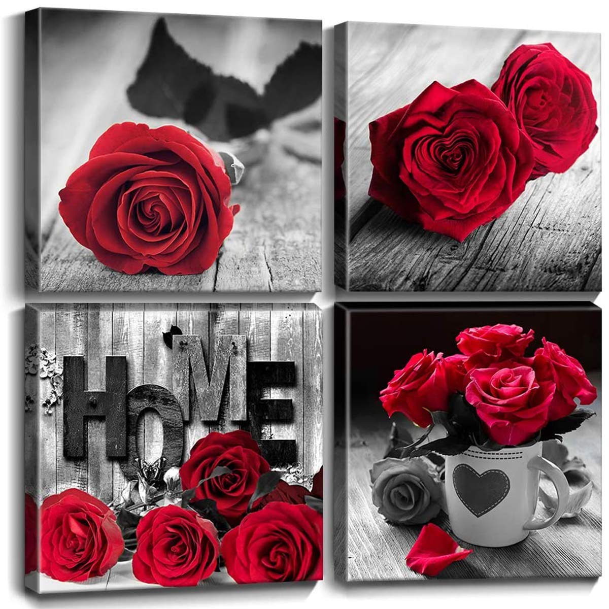 Red Flower Canvas Wall Art For Girls Bedroom Rustic Rose Floral Pictures Bathroom Wall Decor Retro Romantic Blossom Bouquet Pain