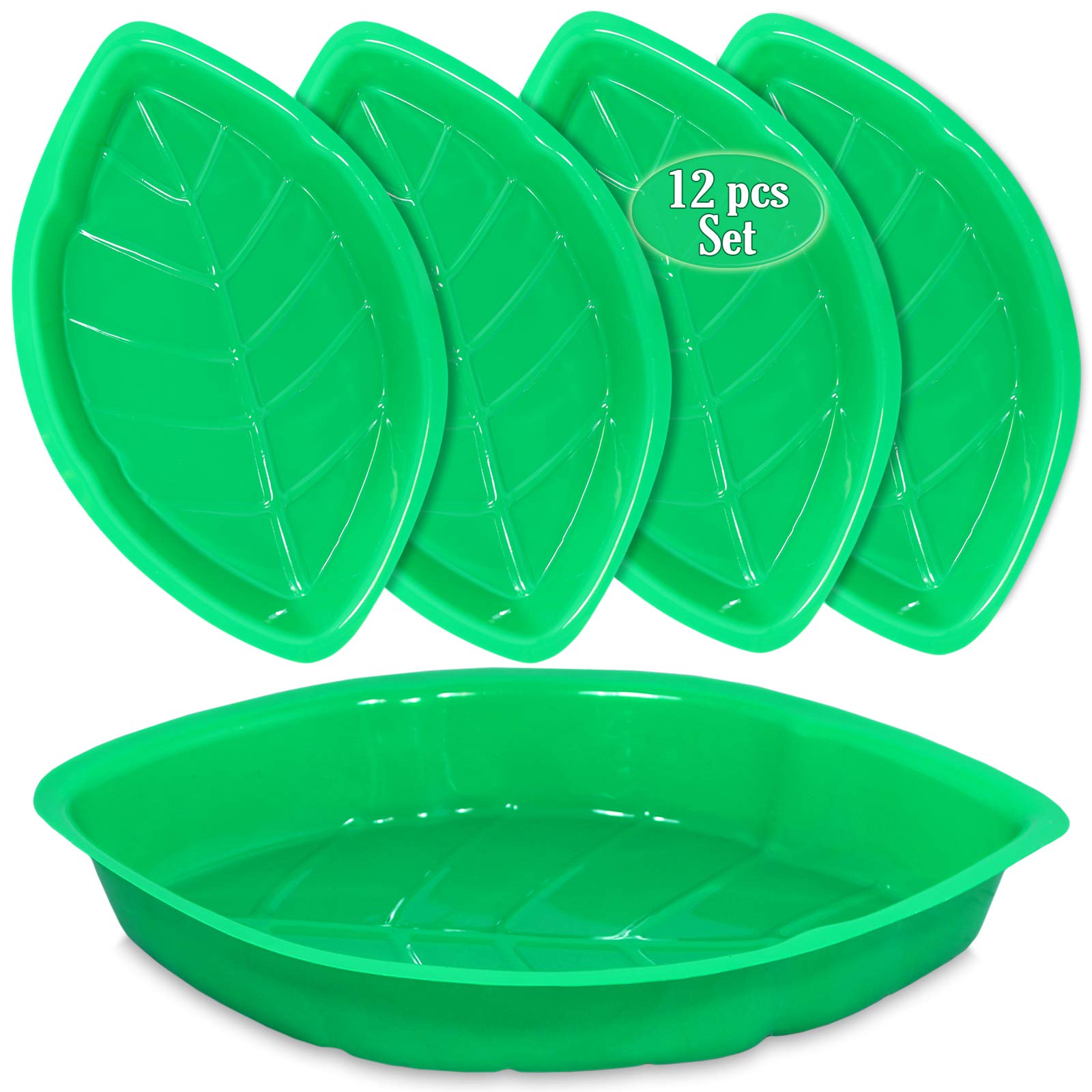 Palm Leaf Serving Trays | 12 Pcs Green Plastic Hawaiian Snack Trays | Luau Party Decorations Serveware | Tropical Party Serving