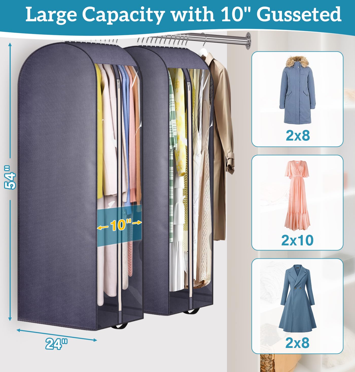 Kimbora 10'' Gusseted Clear Dress Bags For Gowns 54'' Suit Bags For Closet Storage With Handles Garment Bags For Hanging Clothes
