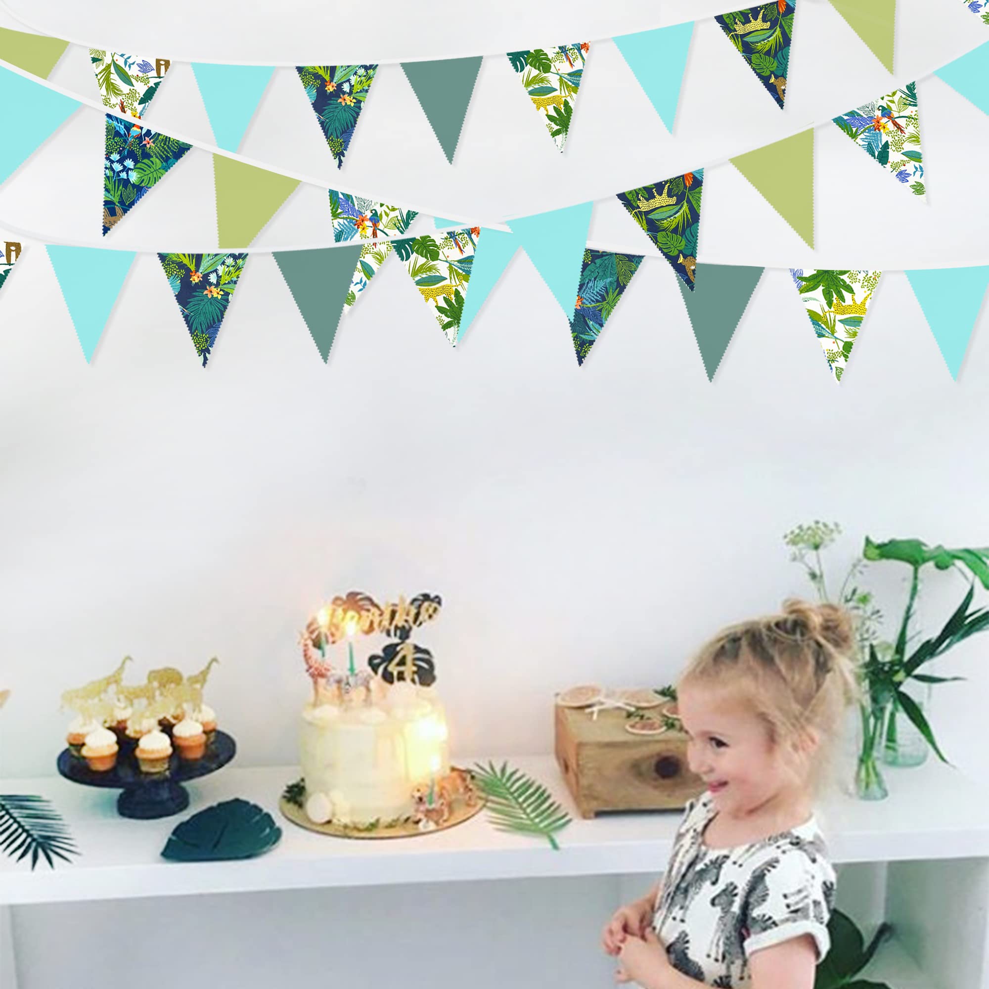 32Ft Teal Blue Green Summer Tropical Leaves Wild Animals Printed Pennant Banner Fabric Triangle Flag Cotton Bunting Garland For