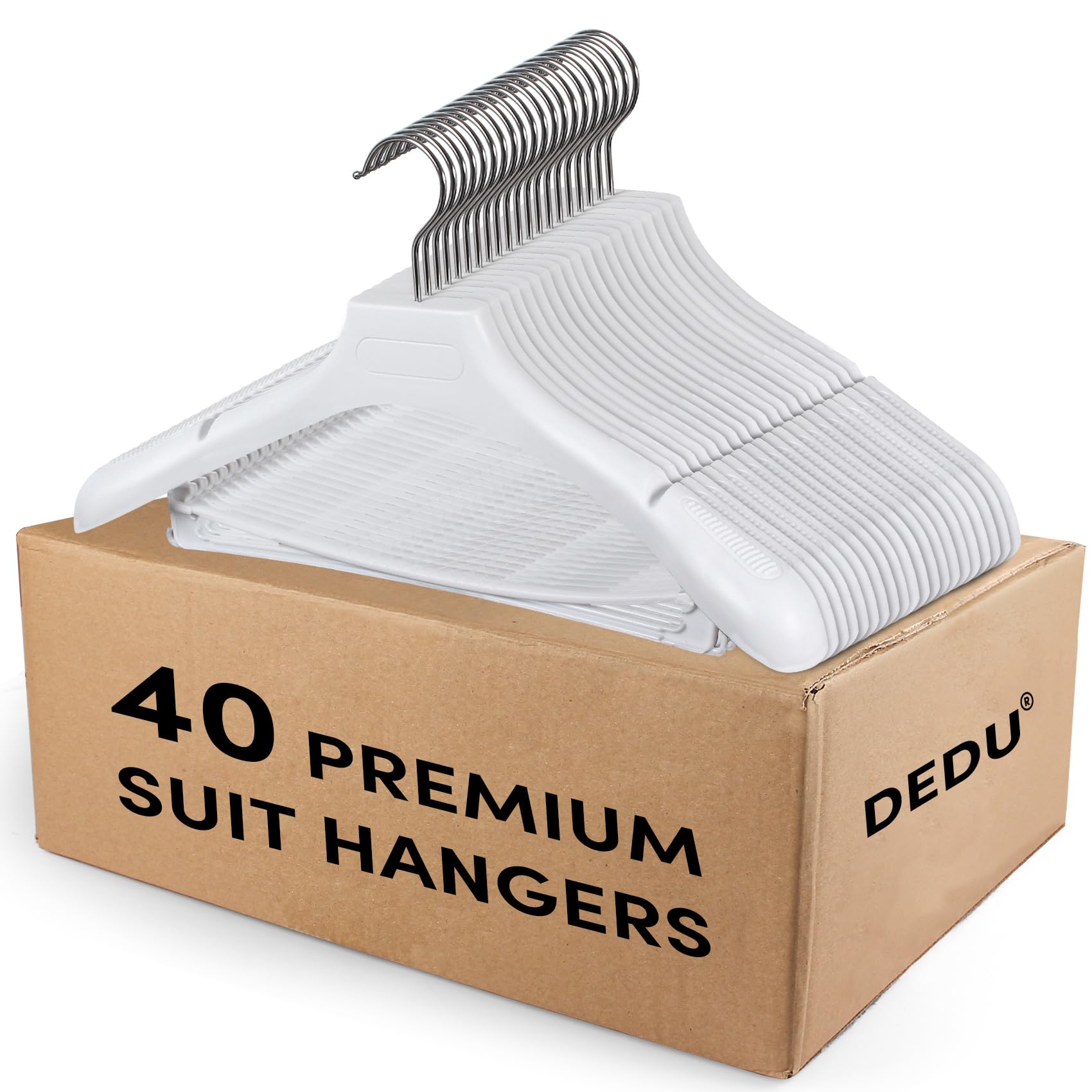 Dedu Suit Hangers For Men 40 Pack, Extra Wide Hangers Non Slip Width 17.7'', White Coat Hangers Thick Plastic With Pants Bar 360