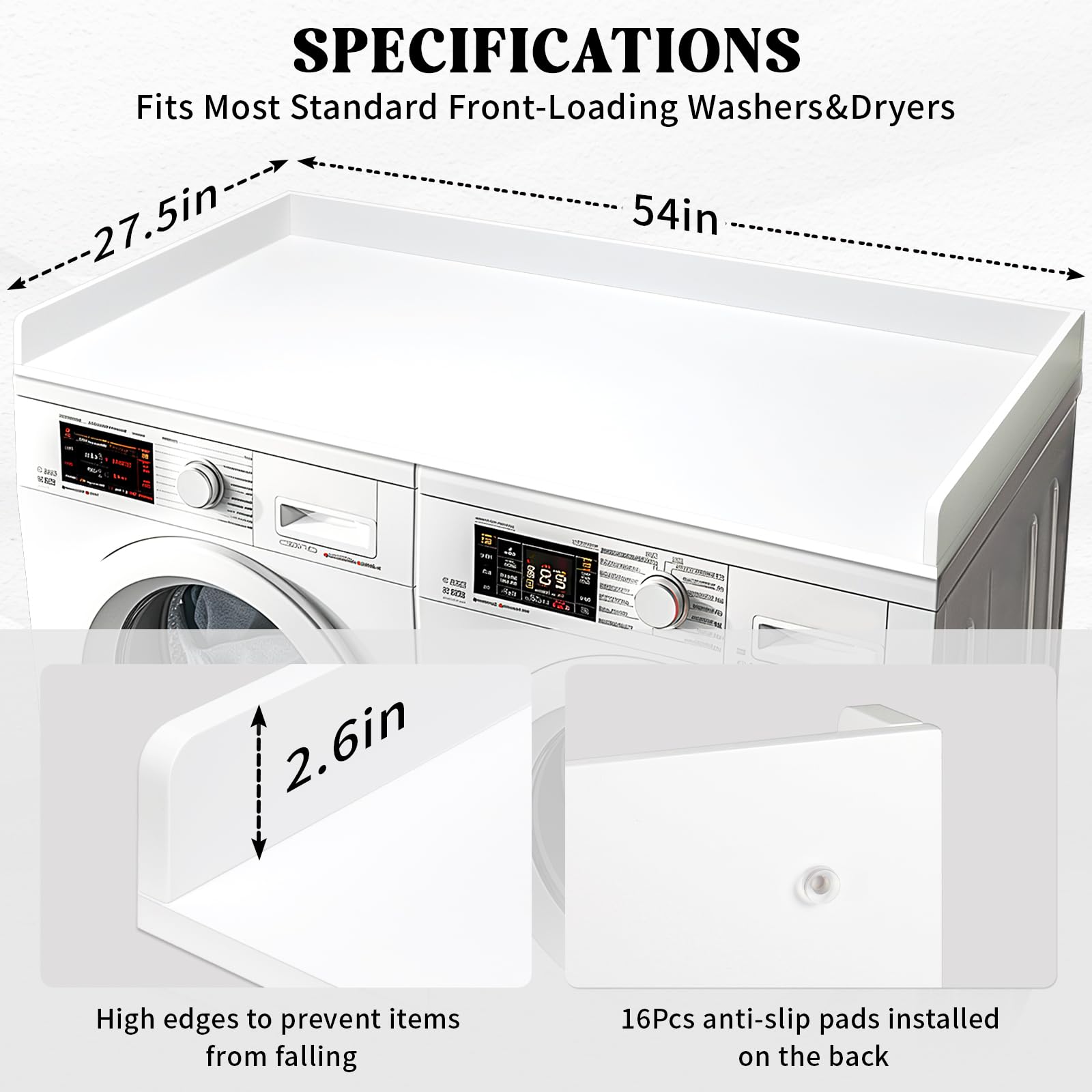 Gashell Washer Dryer Countertop, 27.5" x 54", Extra Large, White, Model GSWDT-001 for Laundry Room Organization