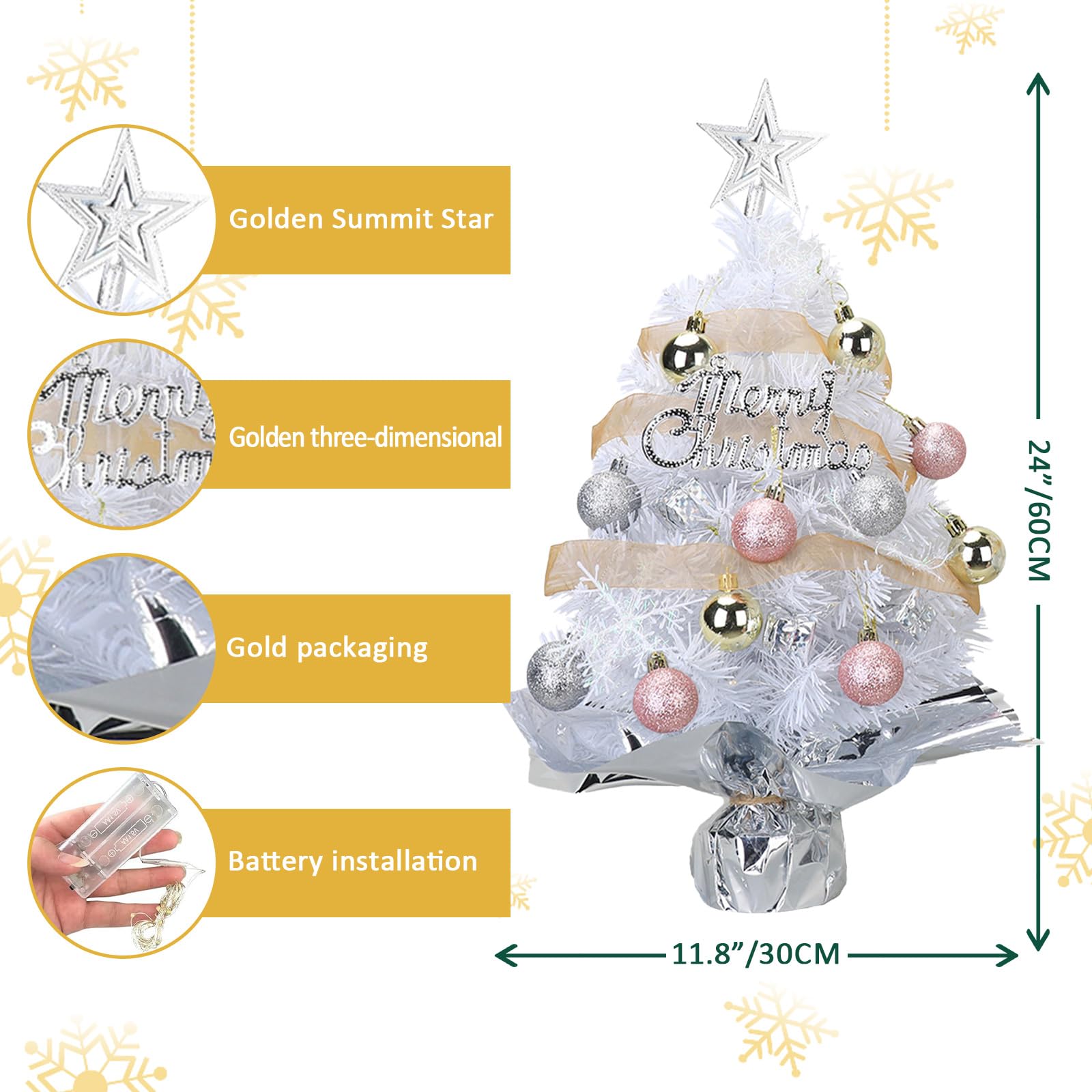 Small Mini Table top Christmas Tree with 50 LED Lights 24 Inch /2FT Little Prelit Christmas Tree Decorated Gift Boxes and Hangin