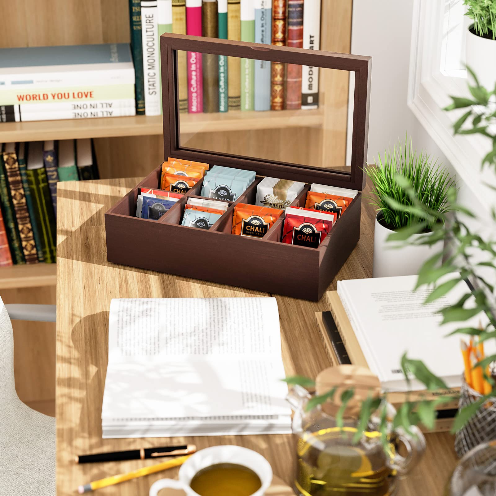 Alsonerbay Wooden Tea Box Tea Bag Holder Kitchen Storage Chest Box For Spice Pouches And Sugar Packets With 8 Compartments And G