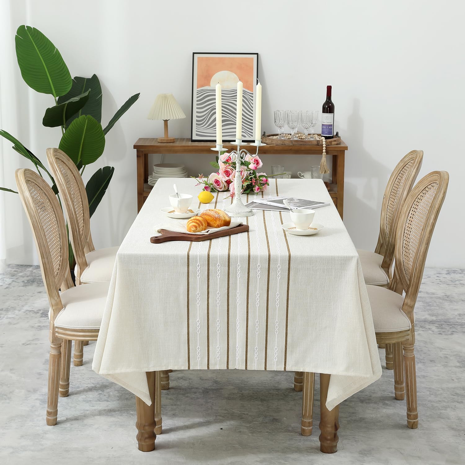 Chassic 60 X 120 Inches Farmhouse Style Linen Tablecloths, Boho 8 Foot Long Wrinkle Resistant Washable Rectangle Table Cloth For