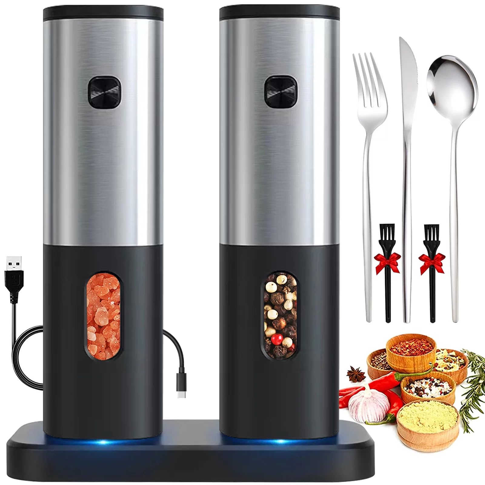 Rechargeable Electric Salt And Pepper Grinder Set With Charging Base, Derguam Stainless Steel Pepper Grinder With Adjustable Coa