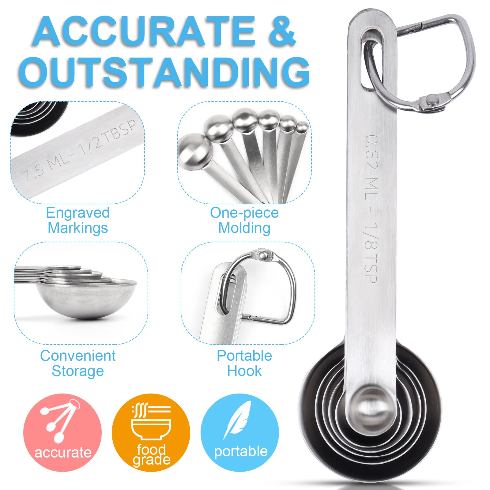 Upgrade Stainless Steel Measuring Spoons Set, Small Tablespoon, Teaspoons, Set 6 With Bonus Leveler, Etched Markings And Removab