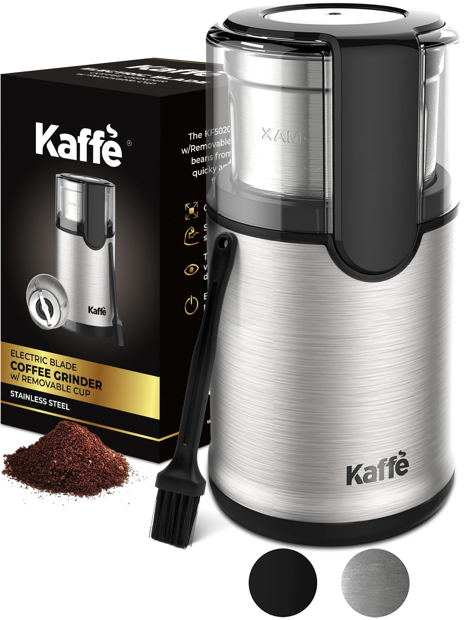 Kaffe Electric Blade Coffee Grinder w/Removable Cup. 4.5oz 14-Cup Capacity. Cleaning Brush Included. Perfect Grinder for Coffee  Tea  Spices  Corn  Herbs. (Stainless Steel)