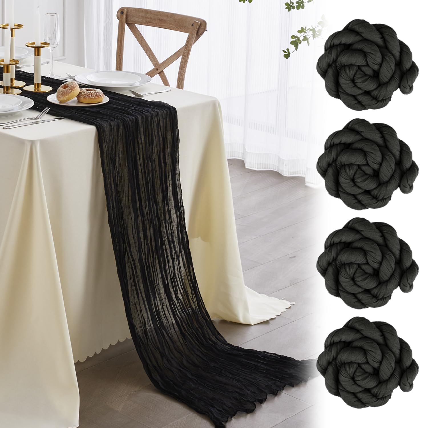 Nialnant 4 Pack Black Table Runners,35 X 160 Inch Cheese Cloth Table Runner For New Year Party,Birthday Party,Wedding Decor Arch