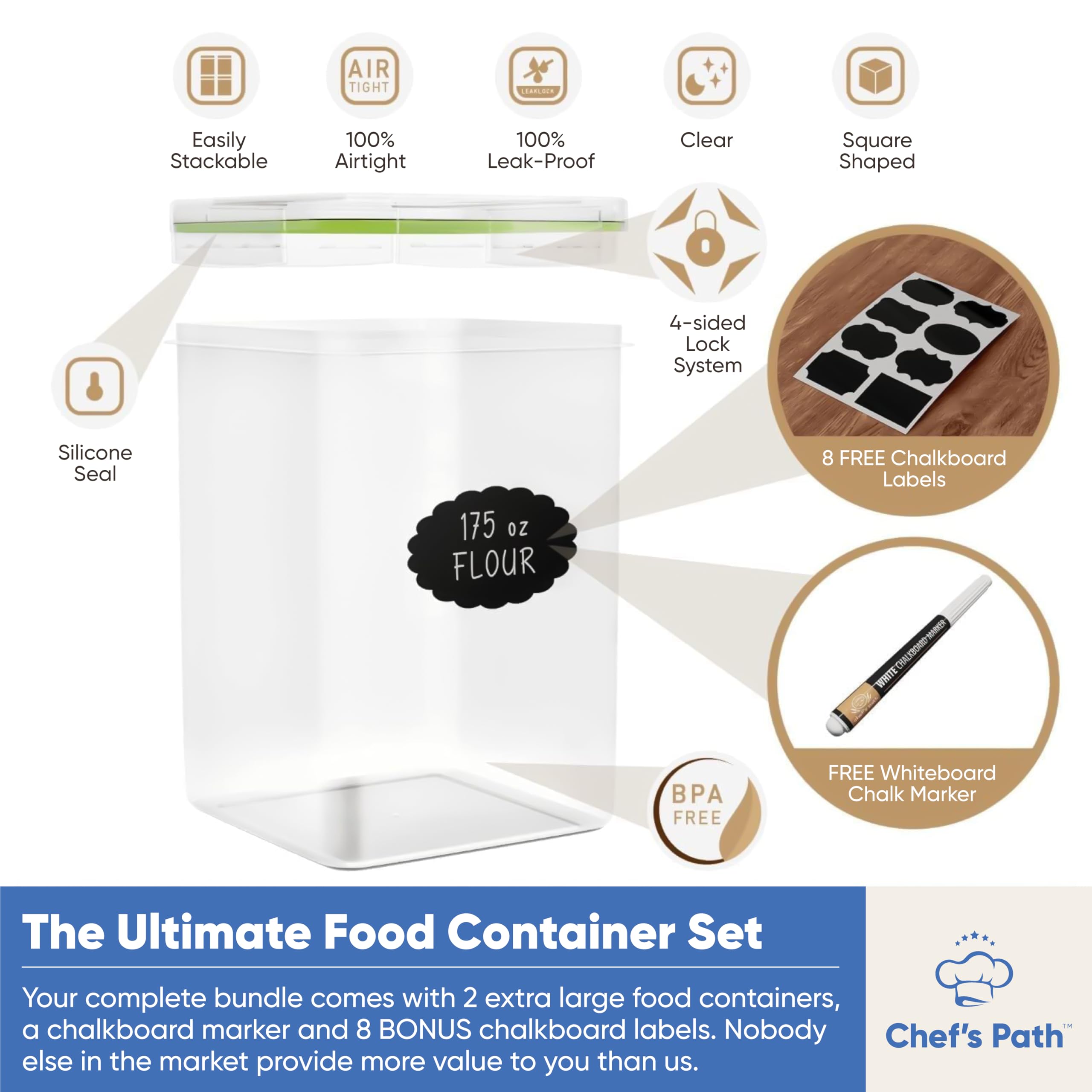 Chef'S Path Extra Large Food Storage Containers With Lids Airtight (5.2L|175Oz|2 Pack) For Flour, Sugar, Rice & Baking Supply -