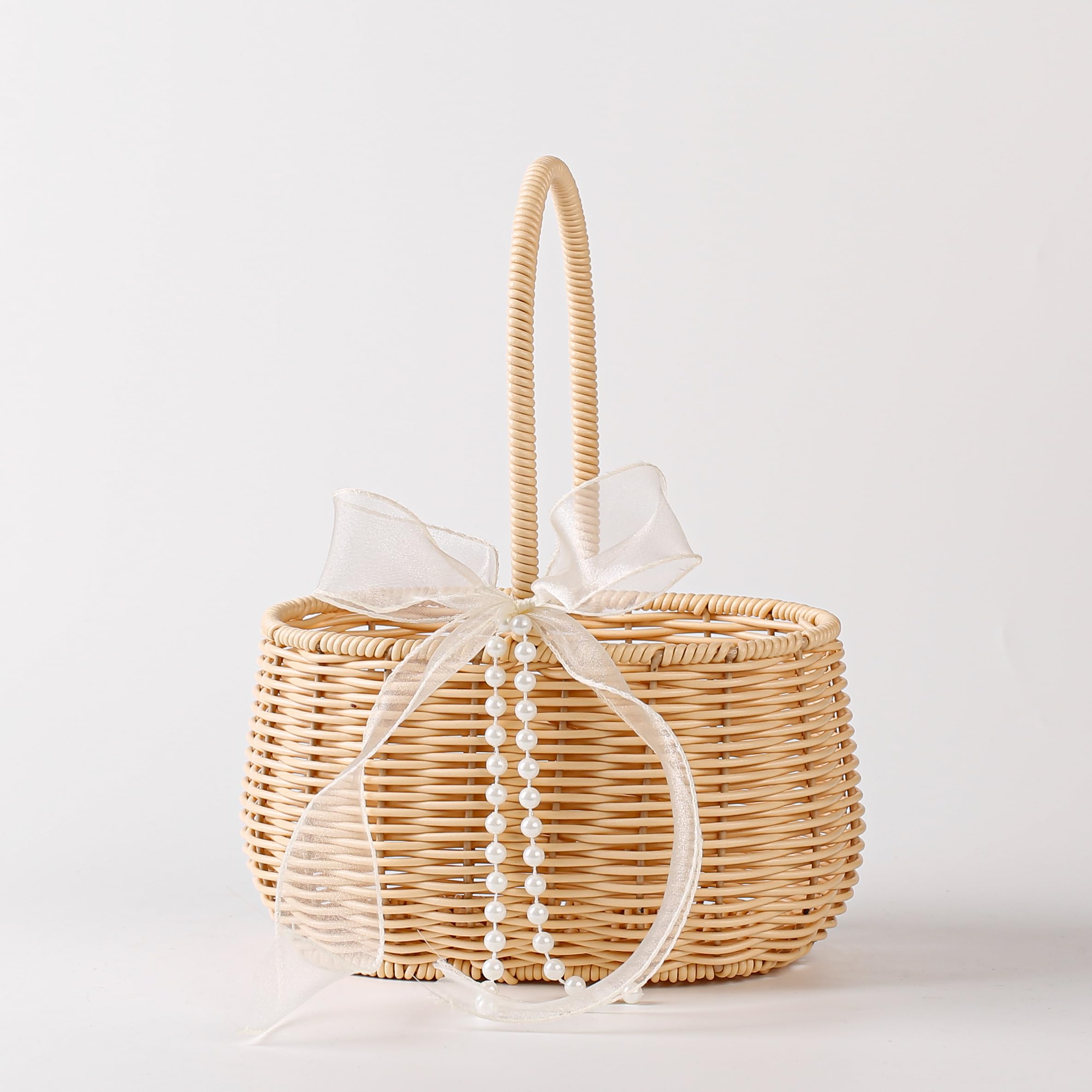 Wicker Flower Girl Basket with Bows and Pearl, Large Floral Wedding Basket
