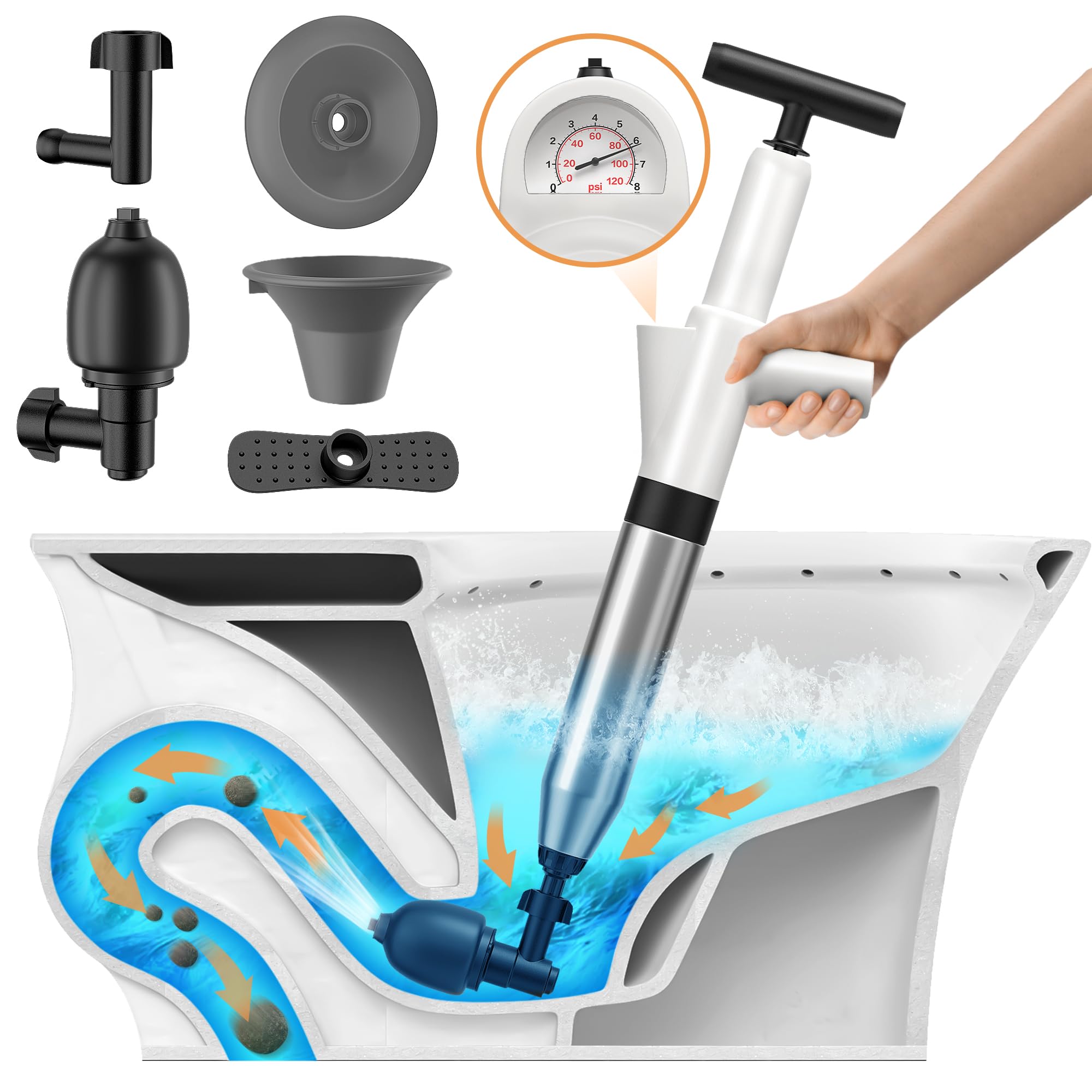 Toilet Plunger, Drain Clog Remover, High-Pressure Air Drain Blaster With Real-Time Barometer Powerful Drain Snake Sink Plunger P