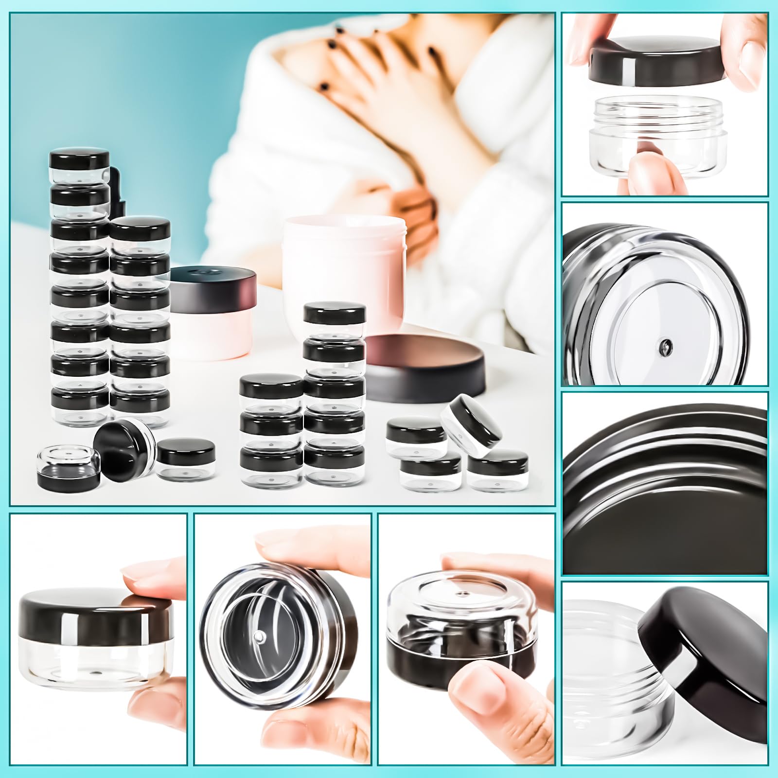Motbach 50Pcs 10G Empty Sample Containers With Black Lids,Refillable Makeup Sample Containers, Small Sample Pot Jars Travel Make