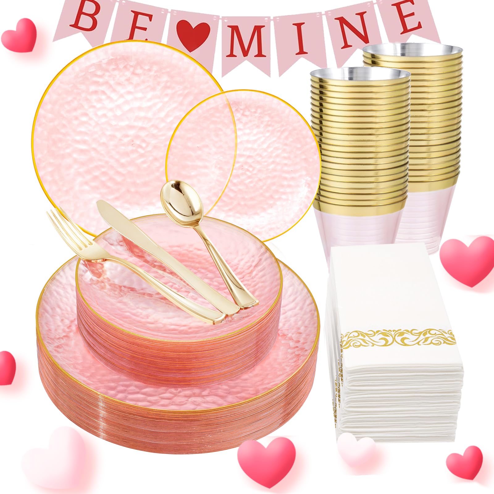 Rubtlamp 175 Pcs Pink Plastic Plates Dinnerware Set (25 Guests), Pink Disposable Plates With Gold Rim, Hammered Party Plates Set