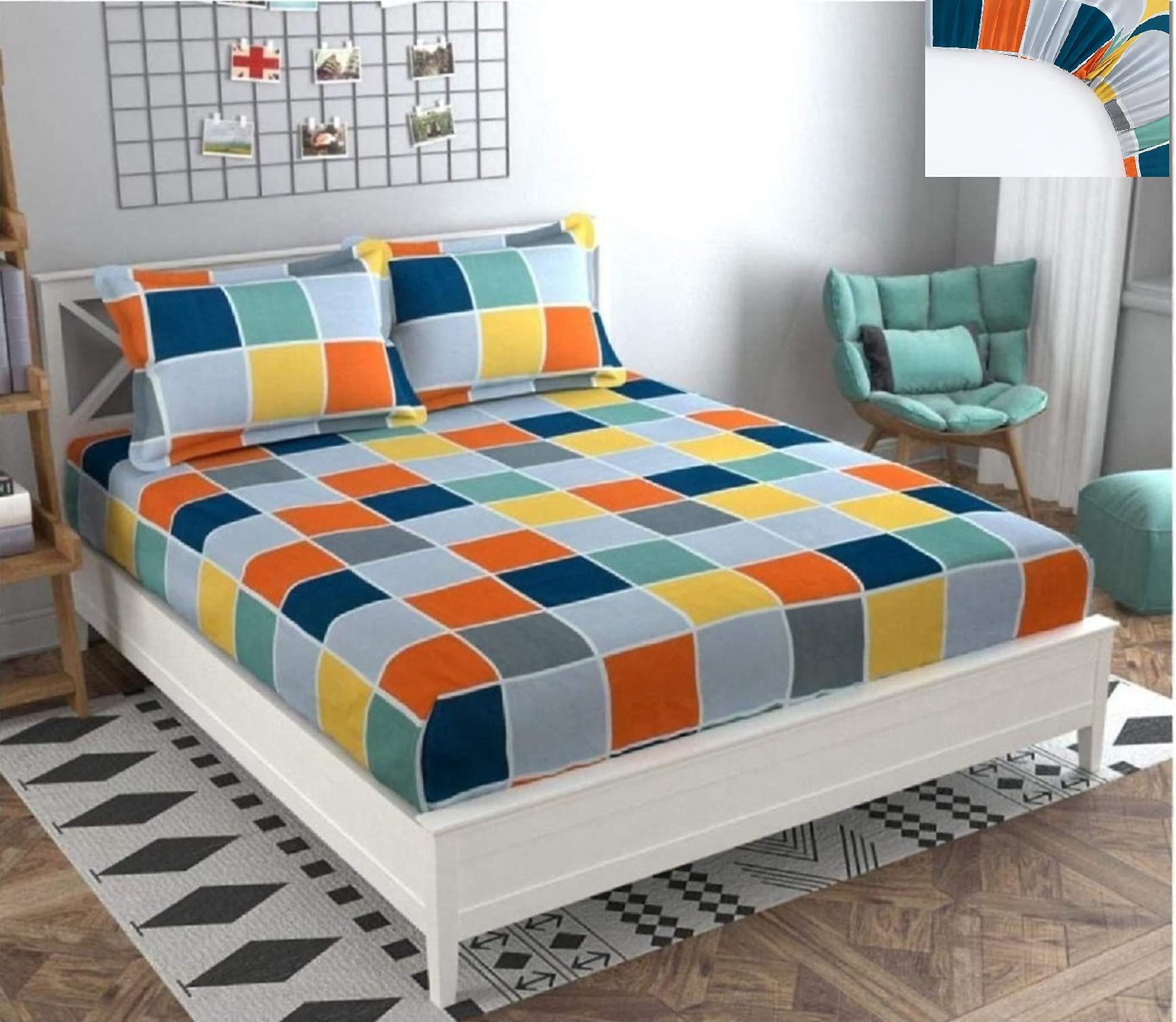 KAWI Elastic Fitted Bedsheet Queen Size Glace Cotton with 2 Pillow Cover,200 TC (Fits up to 78 X 60X 8 Mattress) Multi Color