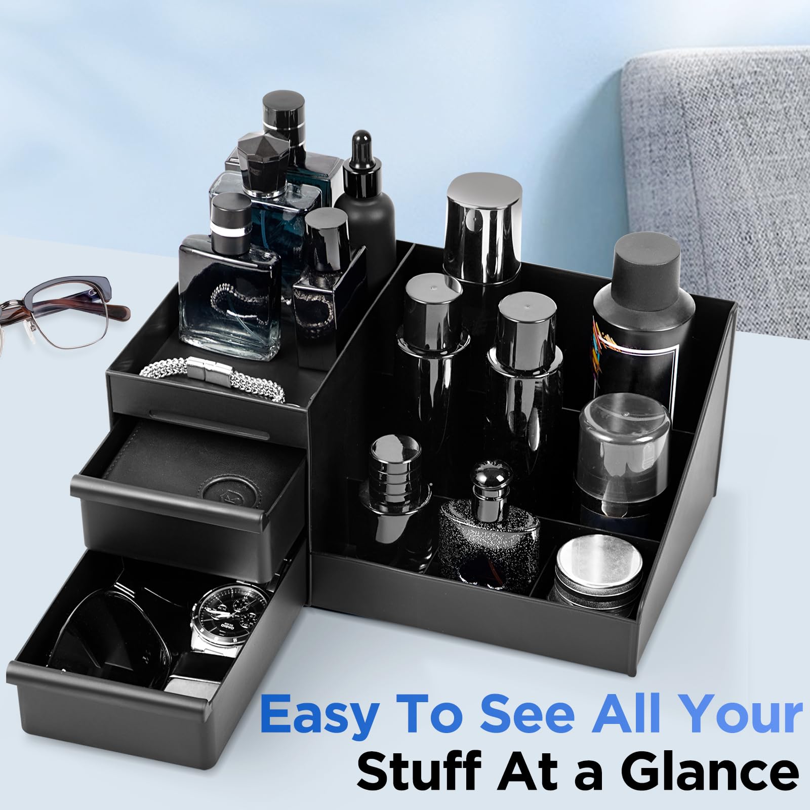 EXIN DECHEN Cologne Organizer for Men, ABS Dresser Stand, 11"x6.7"x5", Black, Model E8, Essential Perfume Shelves