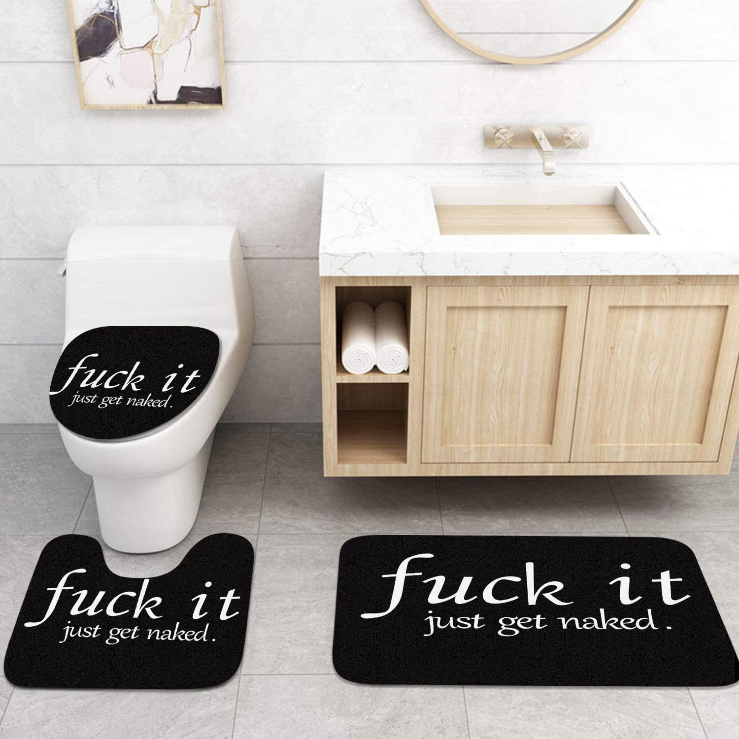 Artsocket 4Pc Funny Get Naked Shower Curtain Sets Bathroom Decor With Rugs, Non-Slip Rug,Toilet Lid Cover, Bath Mat And 12 Hooks