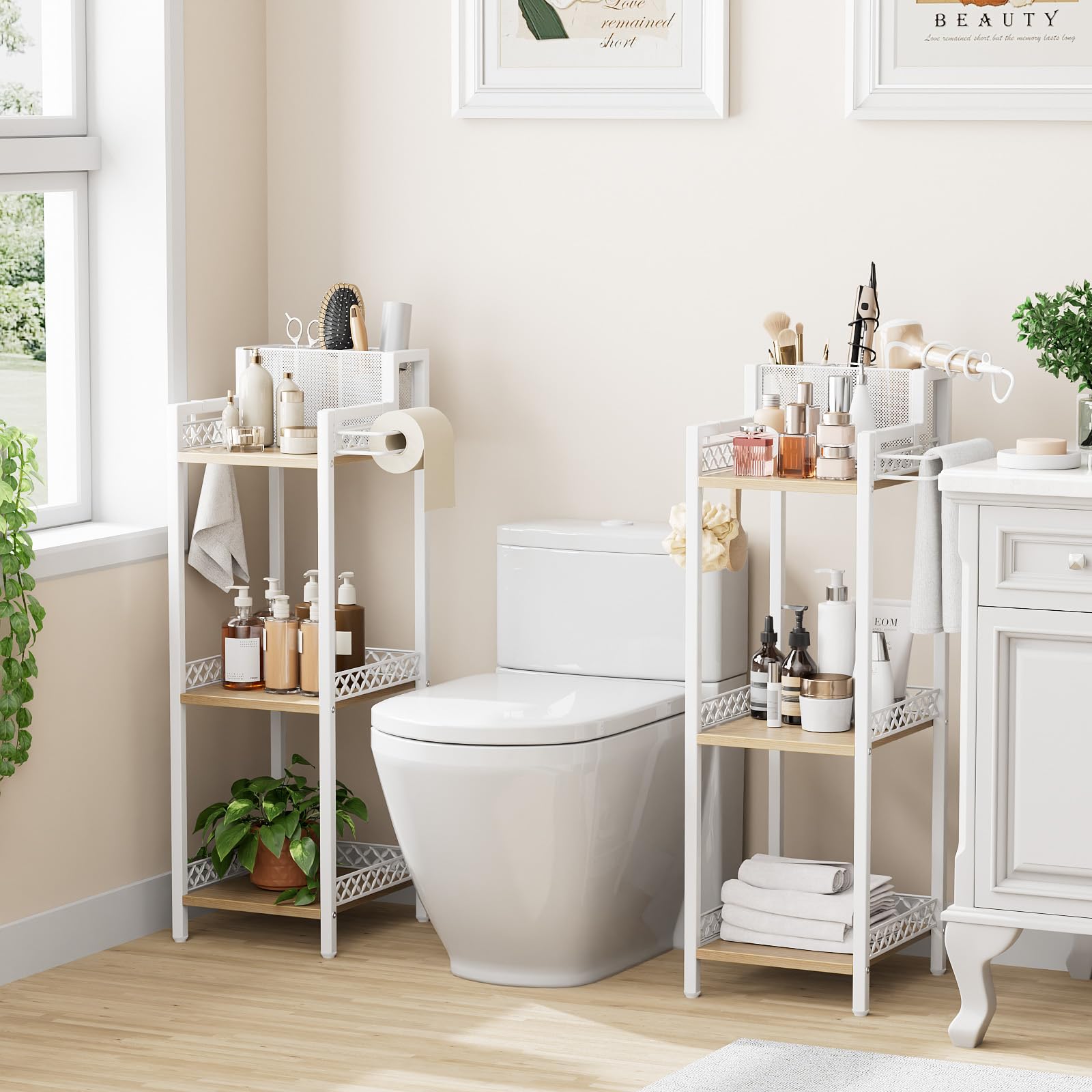 FURFUN Slim Bathroom Storage Shelf Unit, 3 Tier Corner Storage, Rustic Makeup Organizer, Space-Saving Floor Standing Storage She