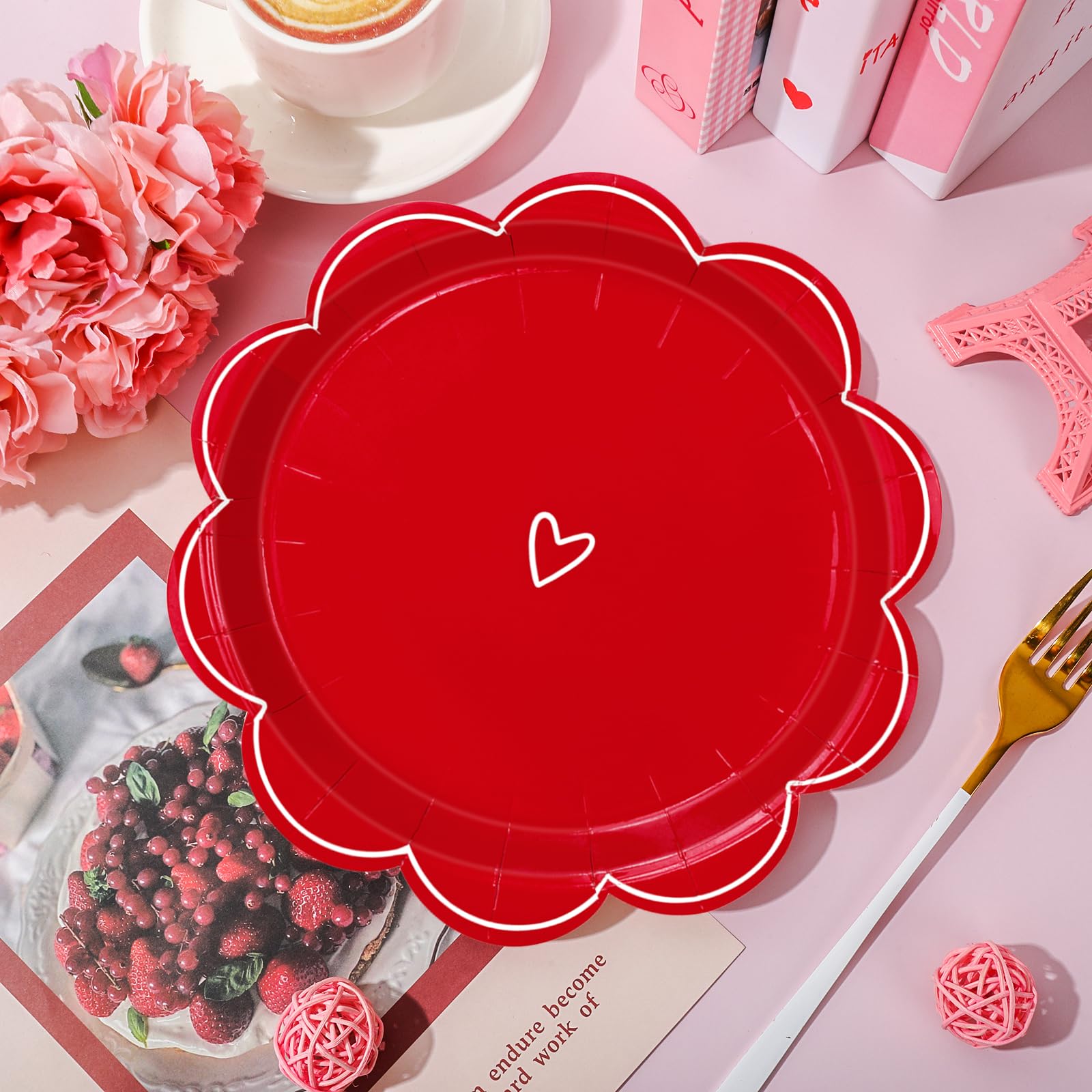 Jarthenaamcs Valentine'S Day Paper Plate Scalloped Heart Disposable Plate Red Pink White 9 Inch Tableware Dinner Plate For Home