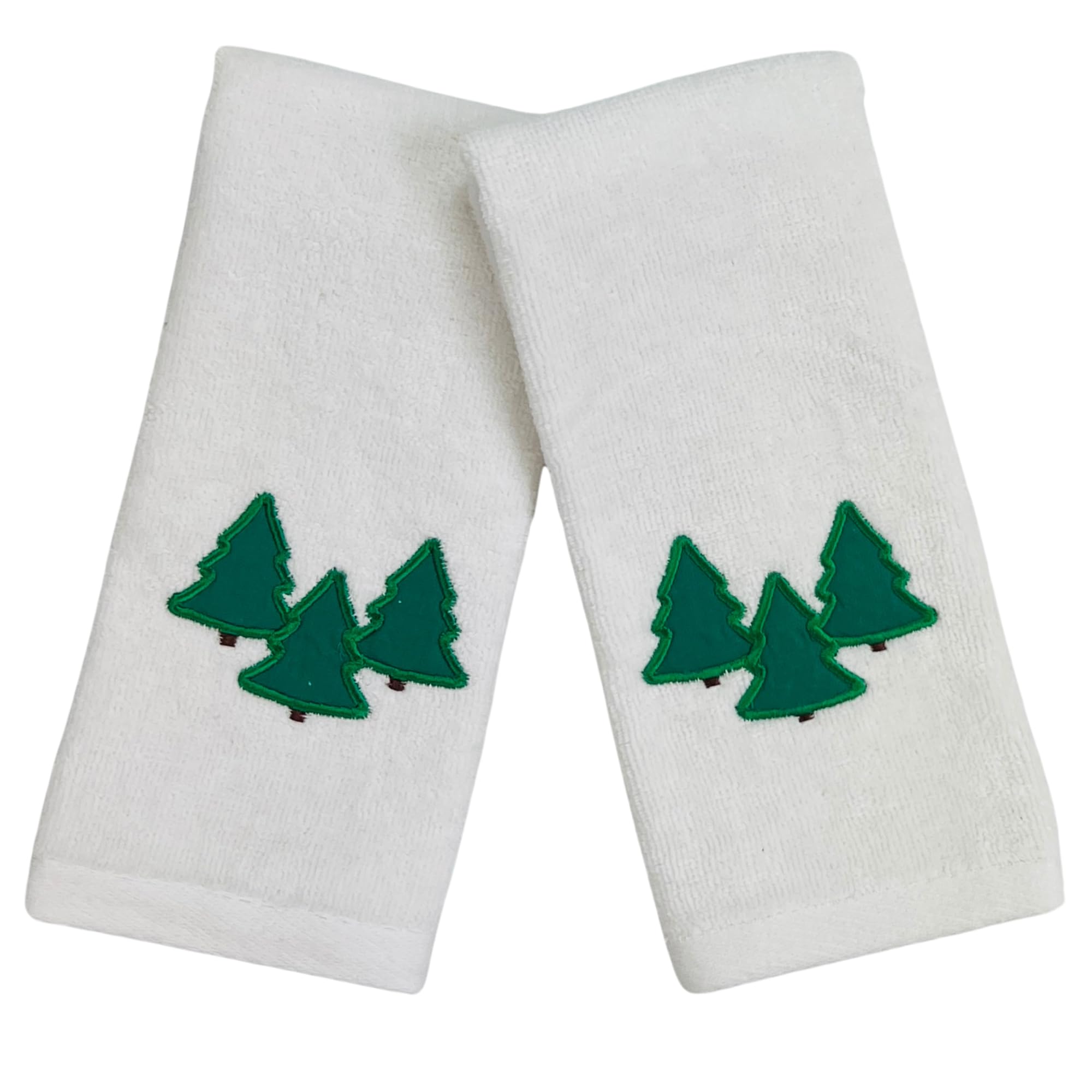 Farmhouse Christmas Fingertip Towels: Plush Velour Cotton Embroidered Forest Trees, One With Decorative Plaid, Set Of 2