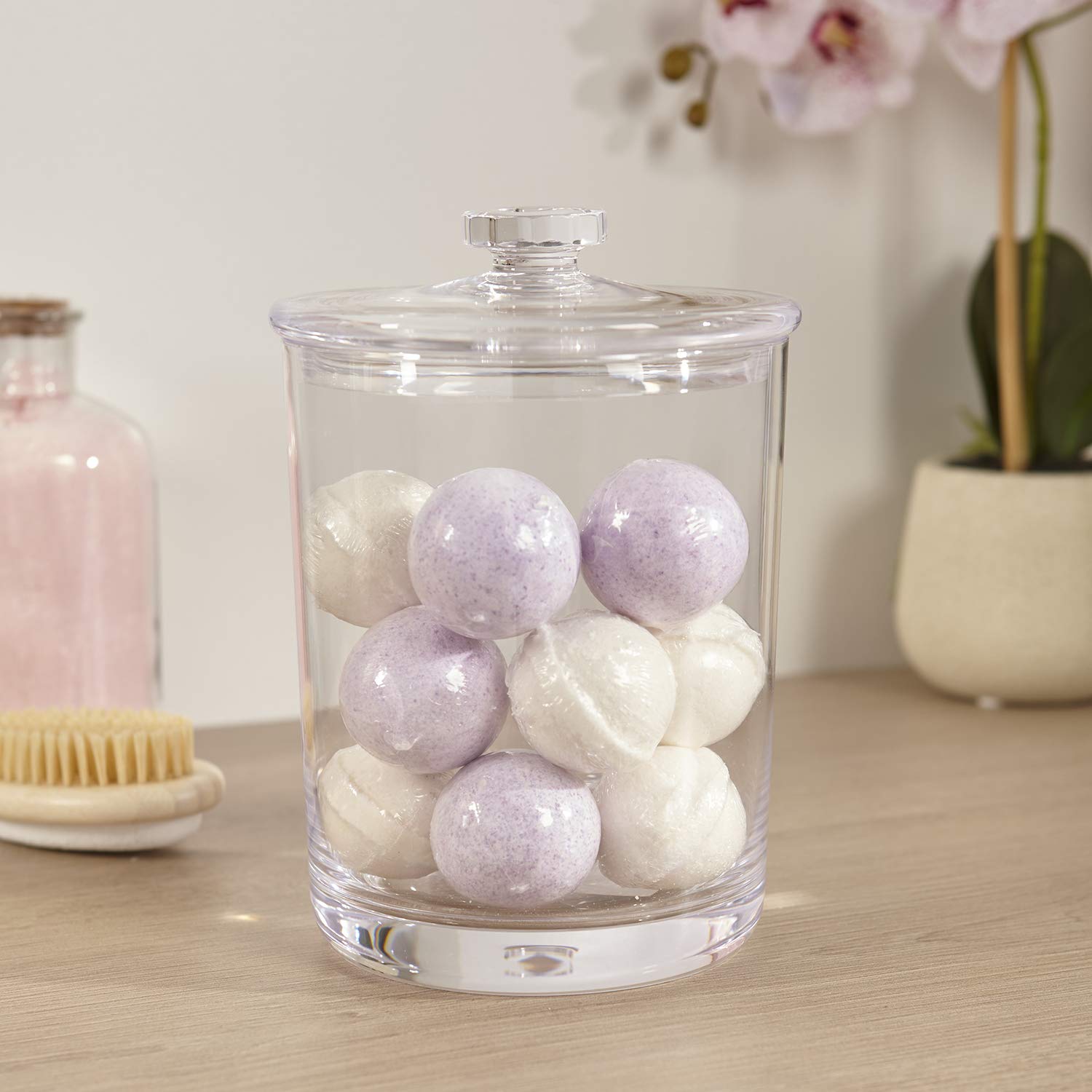 Stori Premium Quality Makeup And Cotton Ball Holder | 60-Oz Clear Plastic Apothecary Jar With Lid | Perfect Storage Container To
