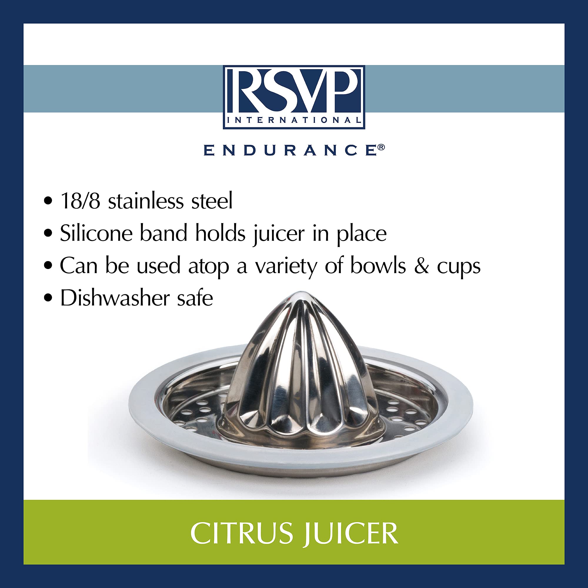 RSVP International Endurance (JUC-PYX) Manual Hand Citrus Juicer Squeezer  Stainless Steel  4.75 Inch Dia.  Use w/ Pyrex Cups  Bowls  For Oranges  Grapefruits  Lemons  Dishwasher Safe Silver