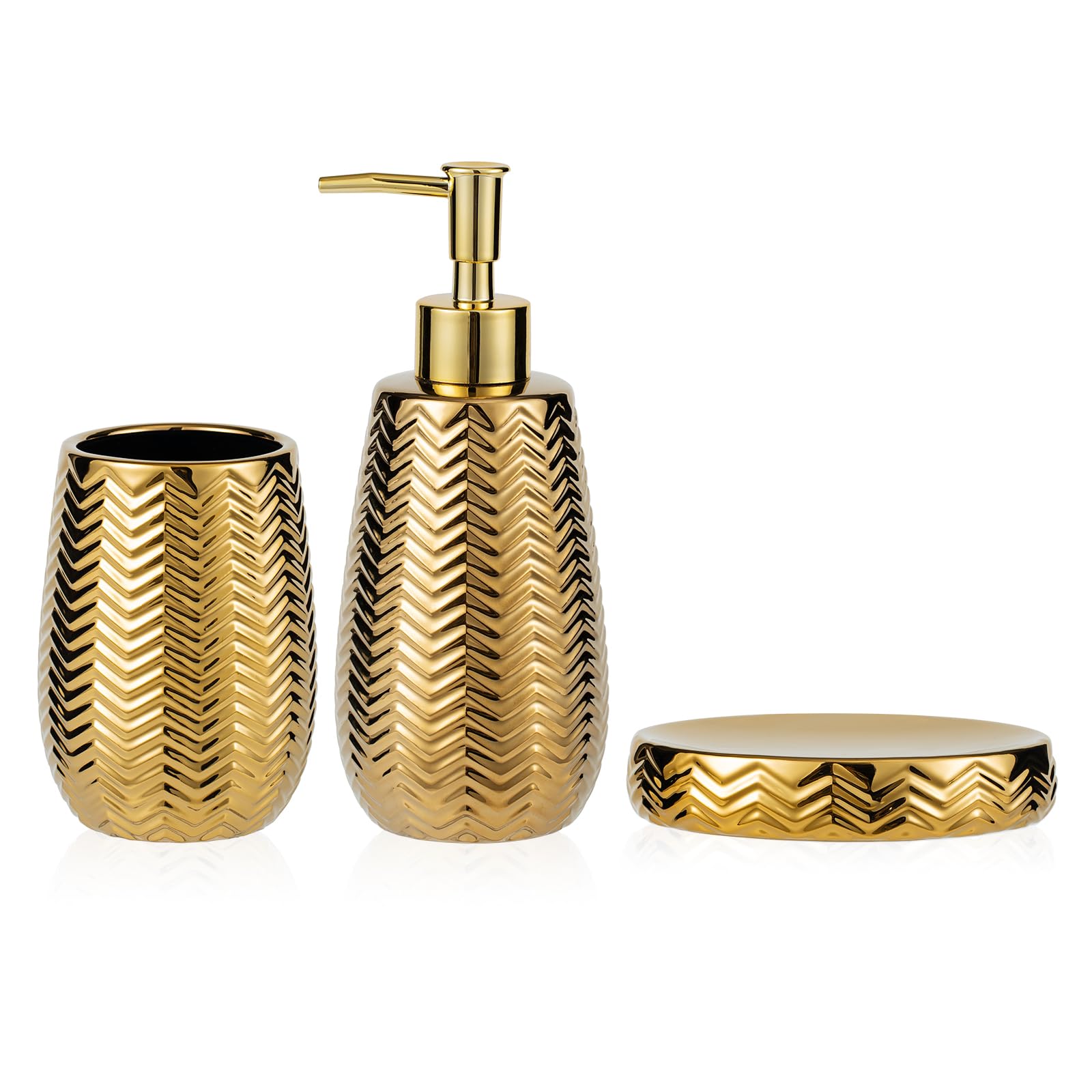 Gold Bathroom Accessories 3Pcs Stylish Bathroom Accessories Set Gold Soap Dispenser Pump, Tumbler And Soap Dish Modern Decor Wav