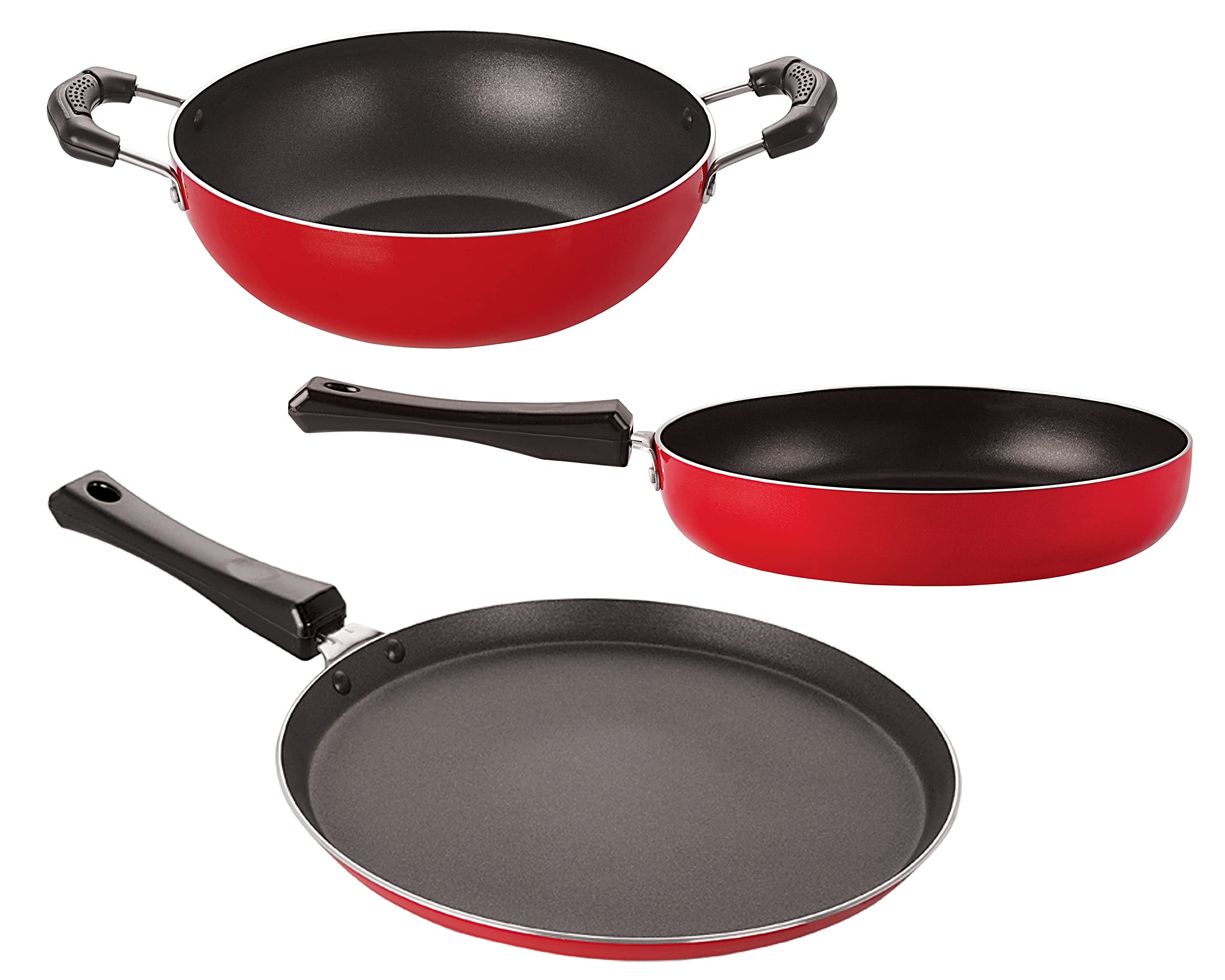 Nirlon Aluminium Non Stick Cookware Pots And Pans Set With Bakelight Handle, Red